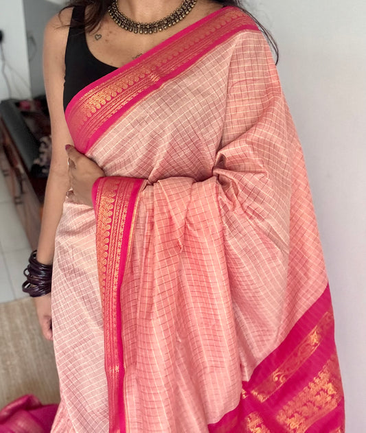 Salmon pink with hot pink, checks - cotton silk - YCCOTNOCKC40