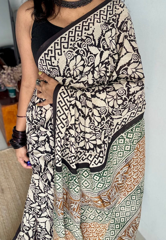 Raah - black and white to earthy brown, half half pattern, block print, soft cotton - YCWOTDNOBP93