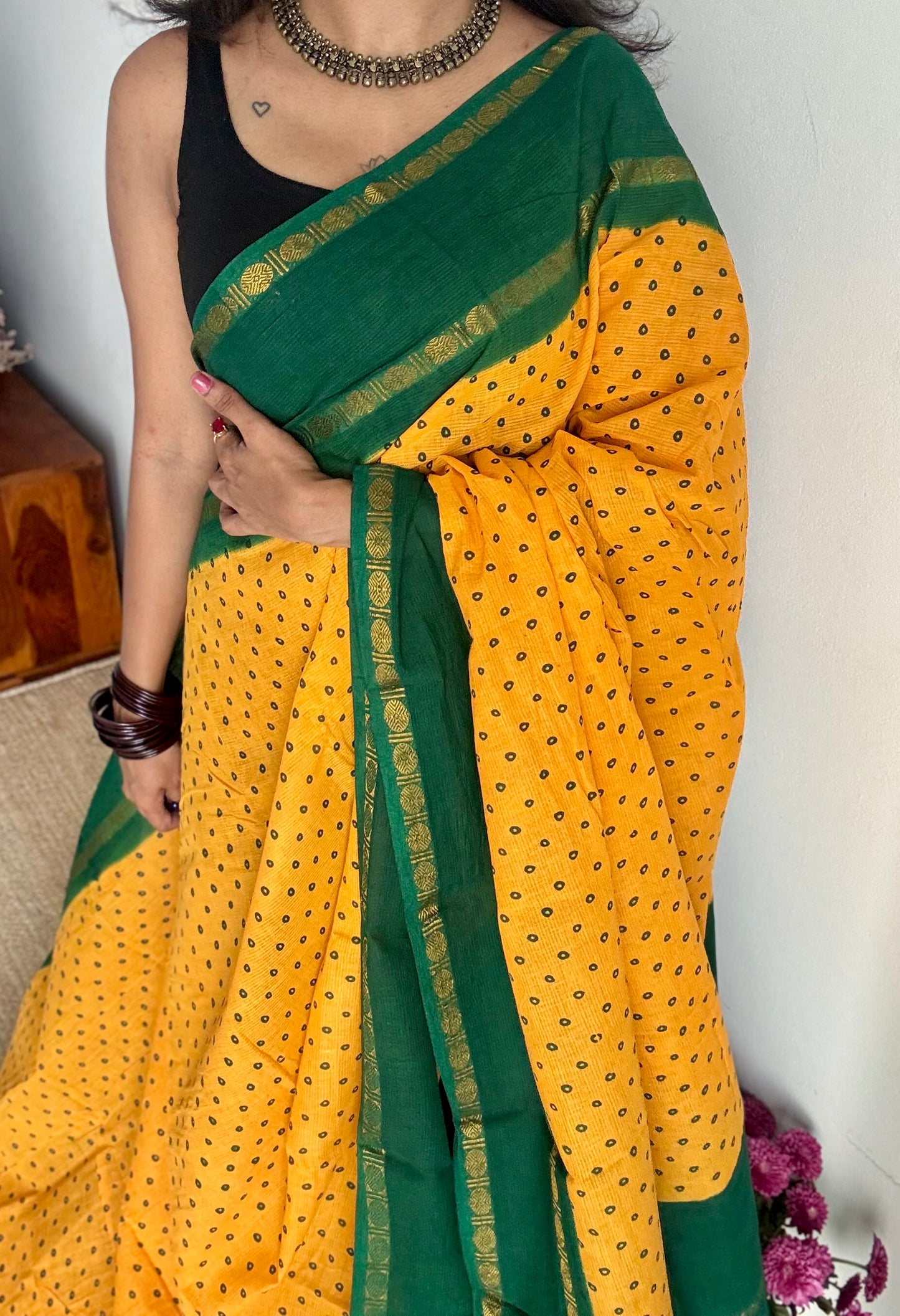 Yellow with green, sungudi motif and rudraksham border, madurai soft cotton - YCCOTNAUSC06