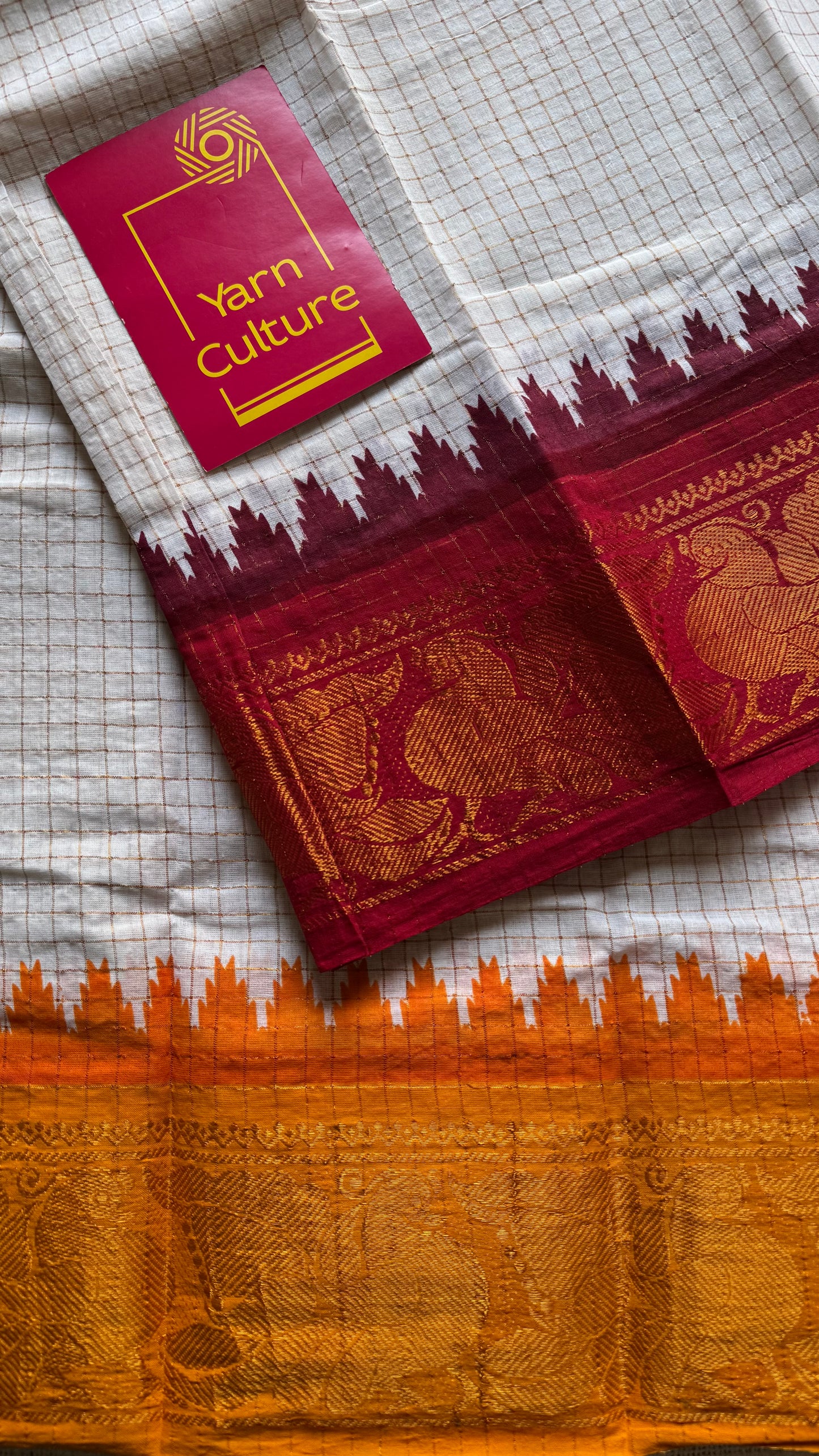 Sungudi cotton checks, off white base, red and yellow dual tone border, soft cotton - YCCOTNMSFE279