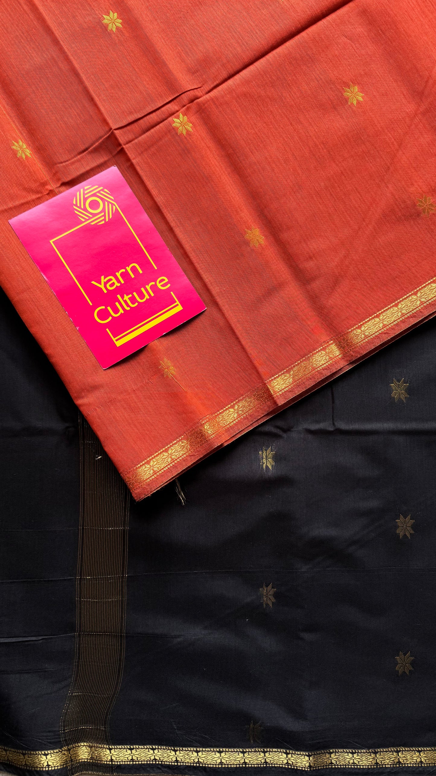 Orange with black, gold buttas, semi maheshwari cotton silk - YCCOTNFEJUSM01
