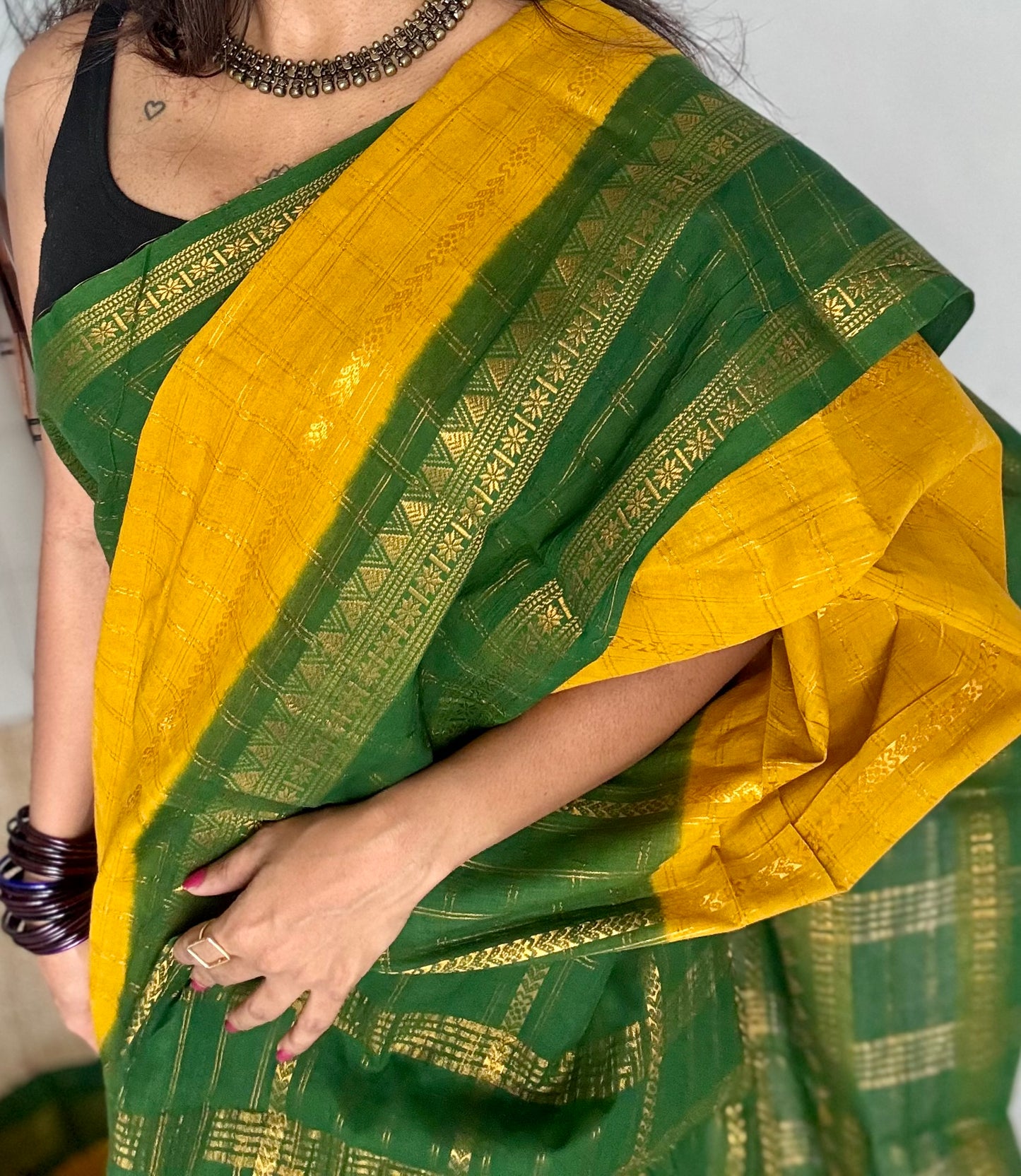 Ginger yellow with dark green, Adayar checks with velthaari pattern, madurai cotton - YCCOTNOCSC04