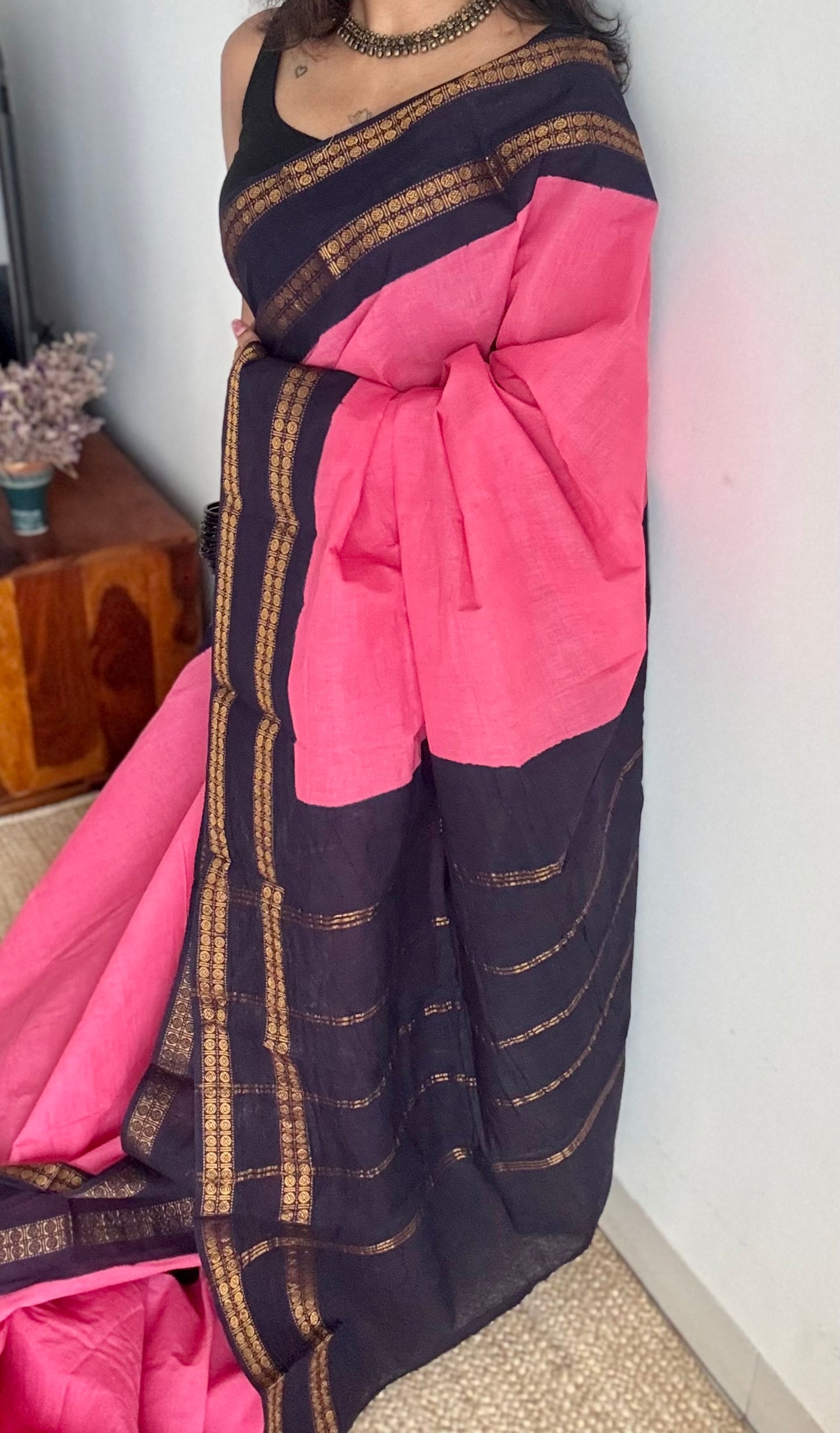 Pink with dark blue, small rudraksham motif border, soft cotton - YCCOTNJSUN08