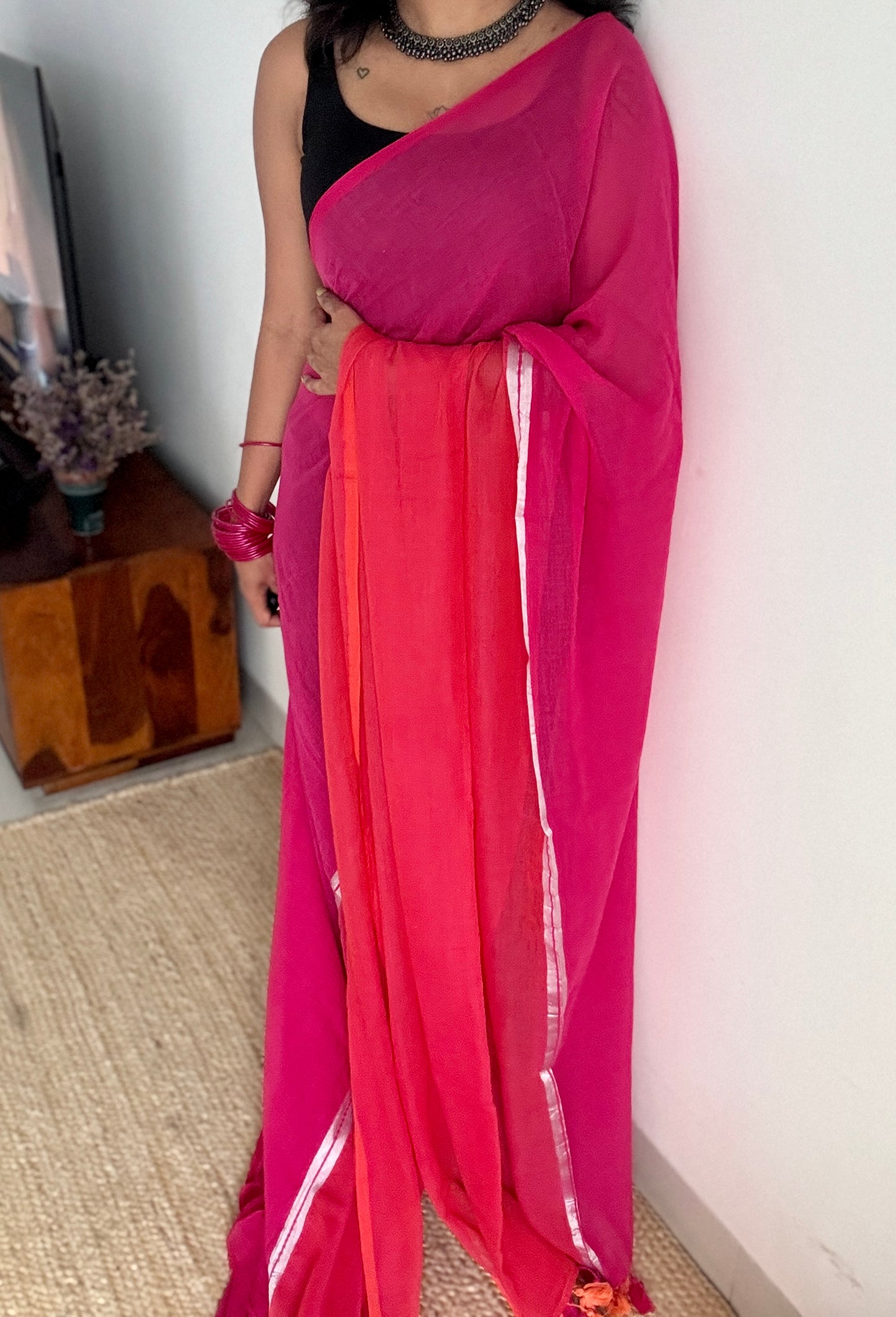 Hot pink with dual shade orangish pink, mul cotton YCBCMCM17