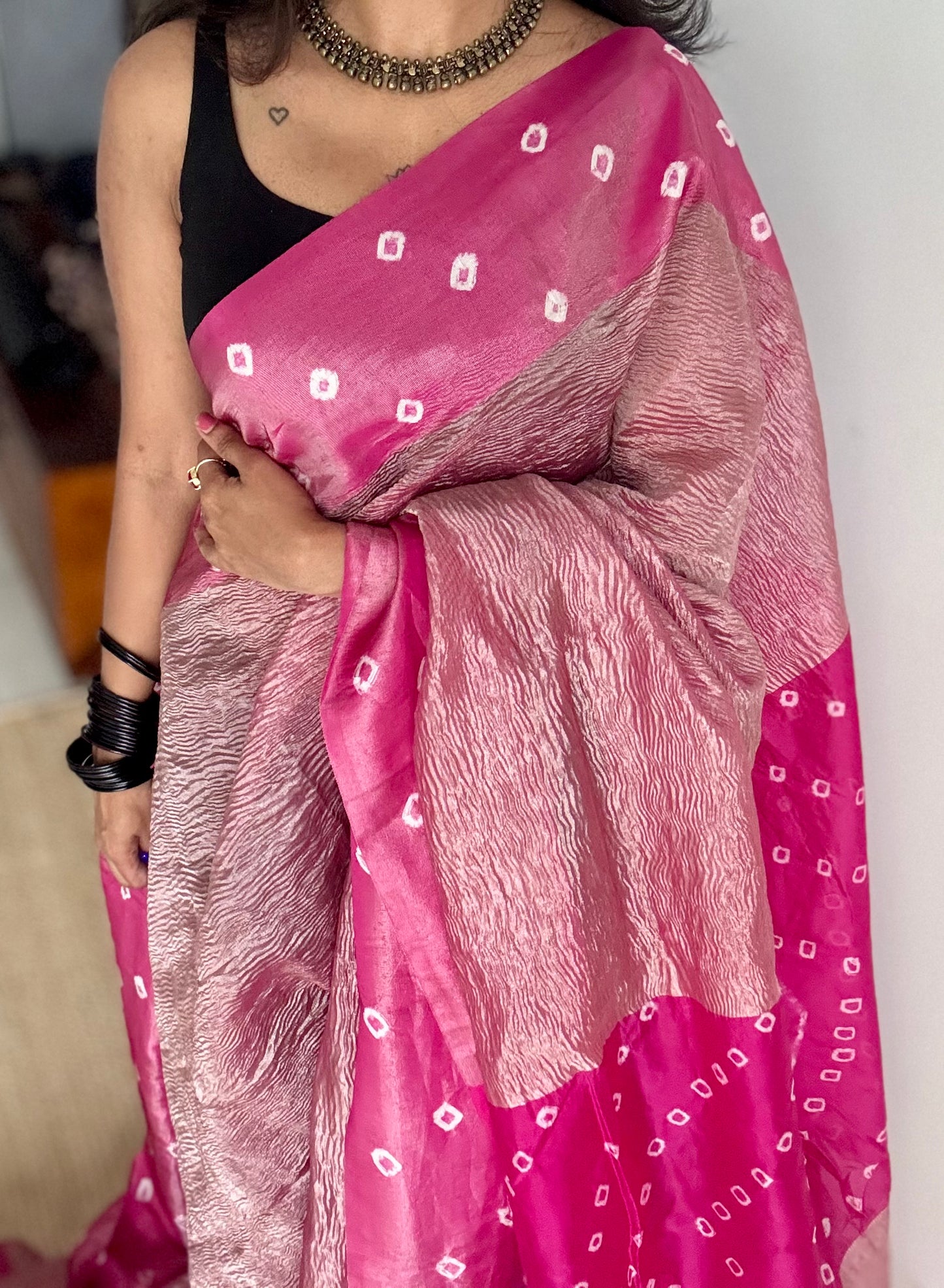 Hot Pink in crushed tissue, with bandhni borders in art silk - YCBLFE20