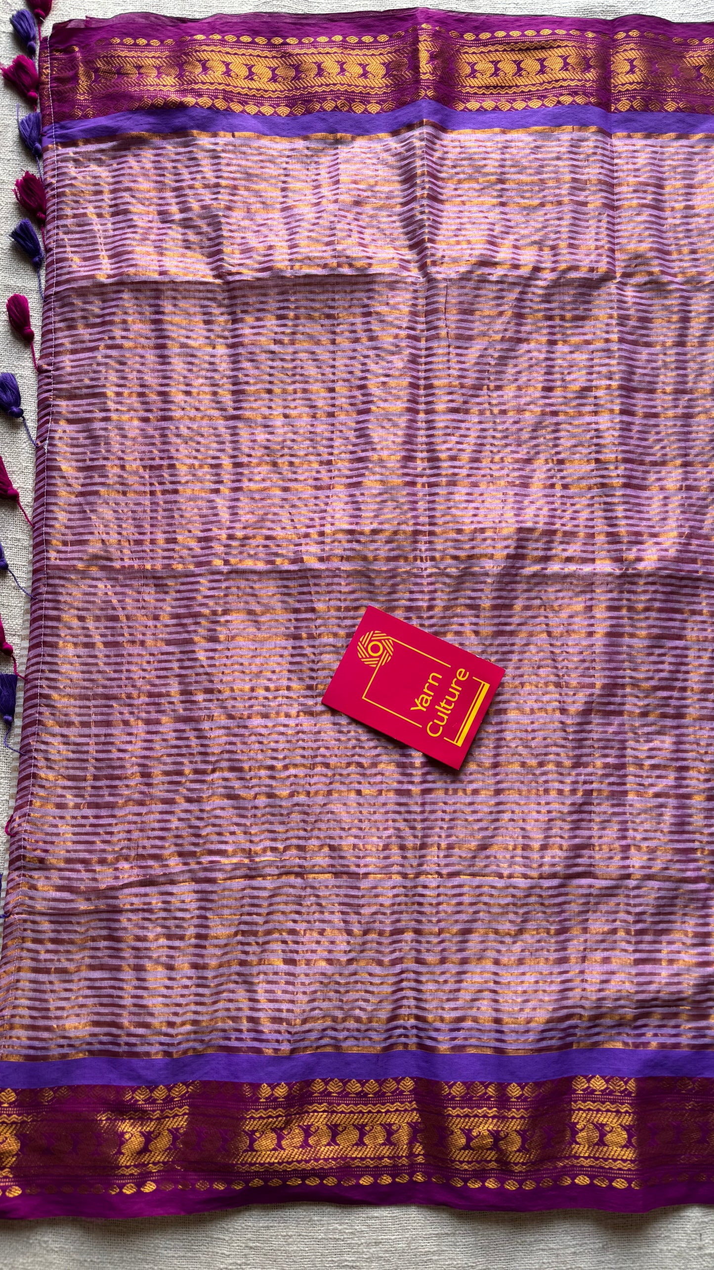 Ivory and gold stripes, purple pink brocade border, mul cotton - YCBCMCNO53