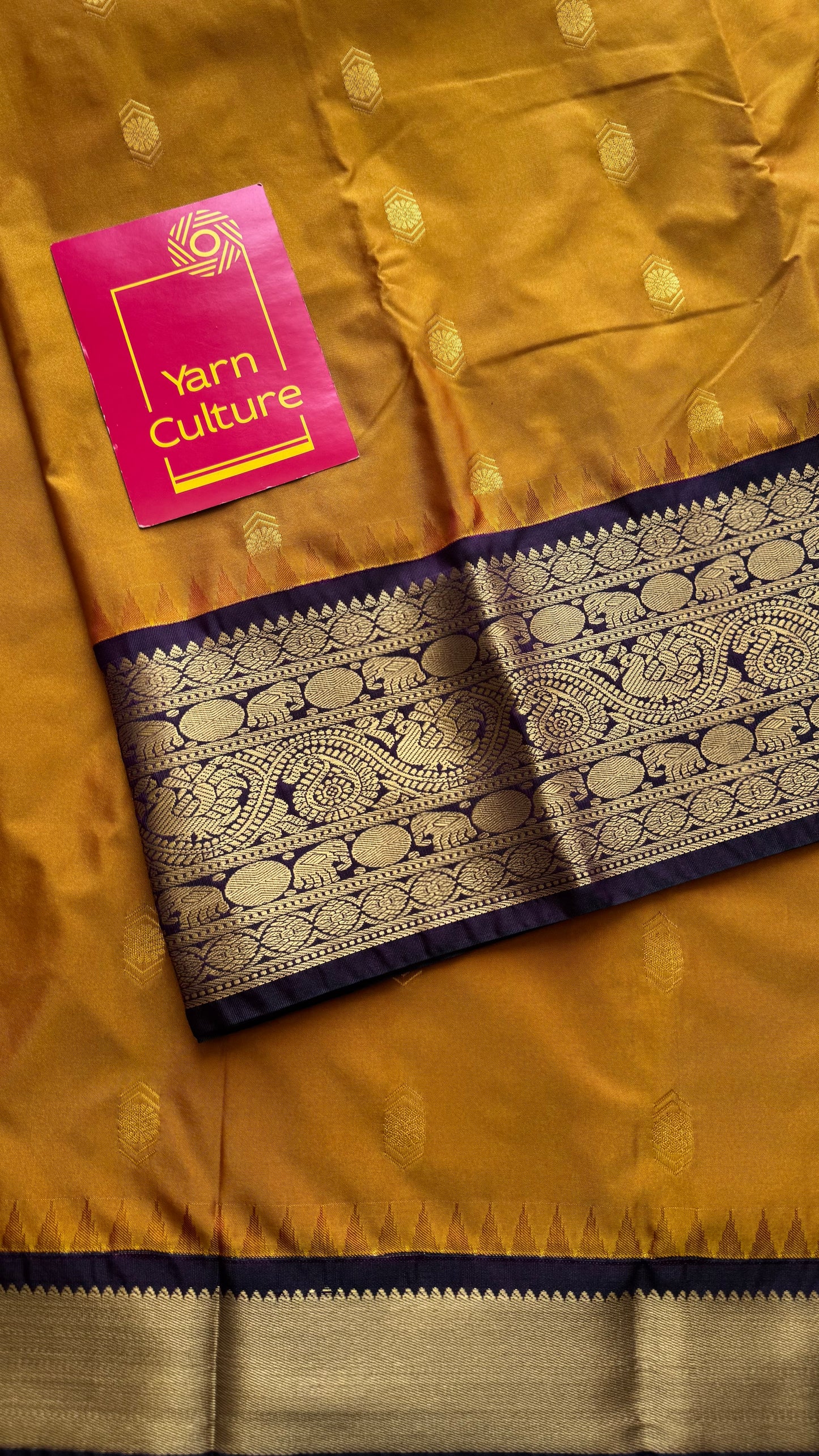 Vaidhi - mustard with deep purple, handloom korvai semi silk - YCCOTNFEJUKS02