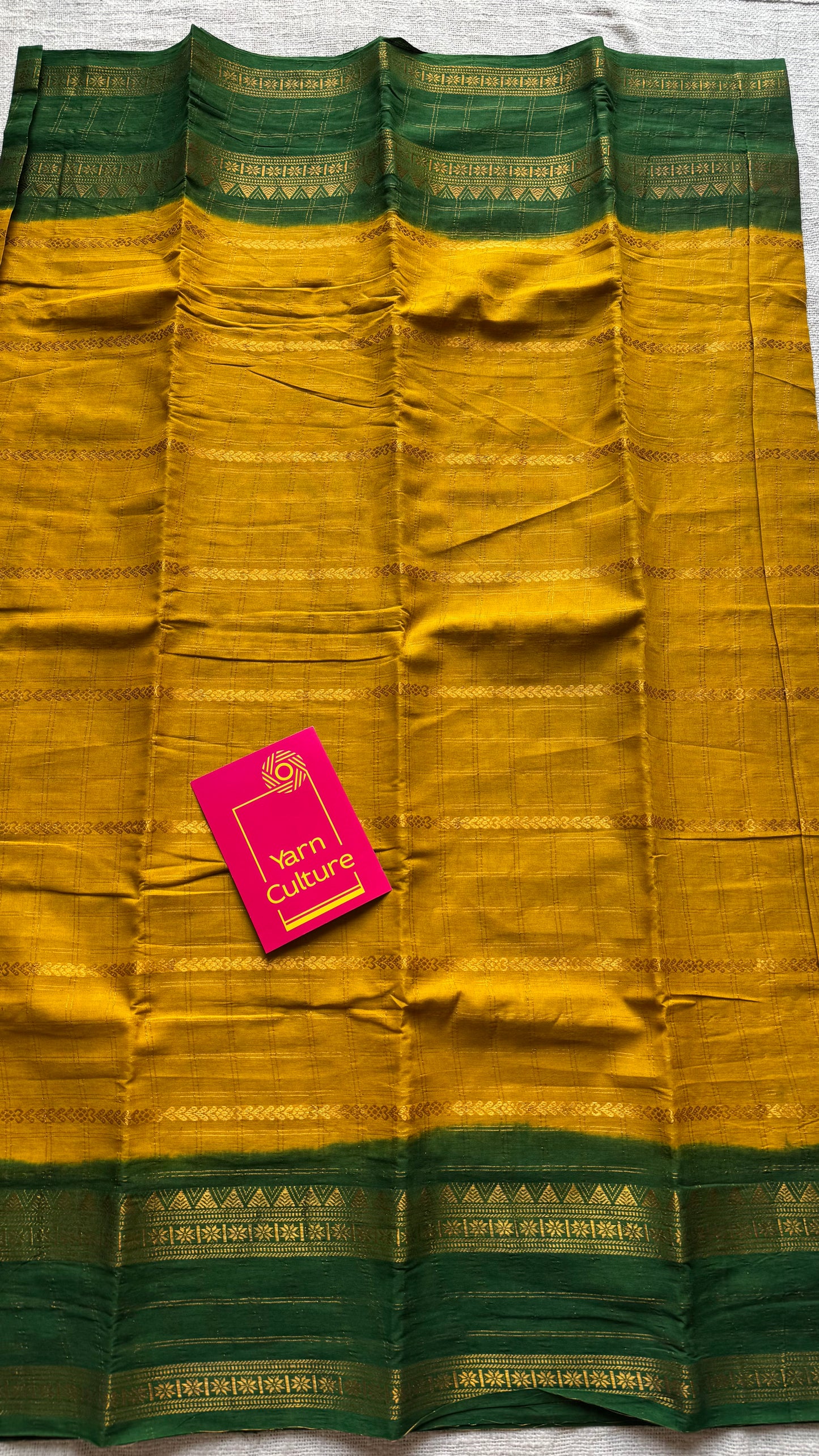 Ginger yellow with dark green, Adayar checks with velthaari pattern, madurai cotton - YCCOTNOCSC04
