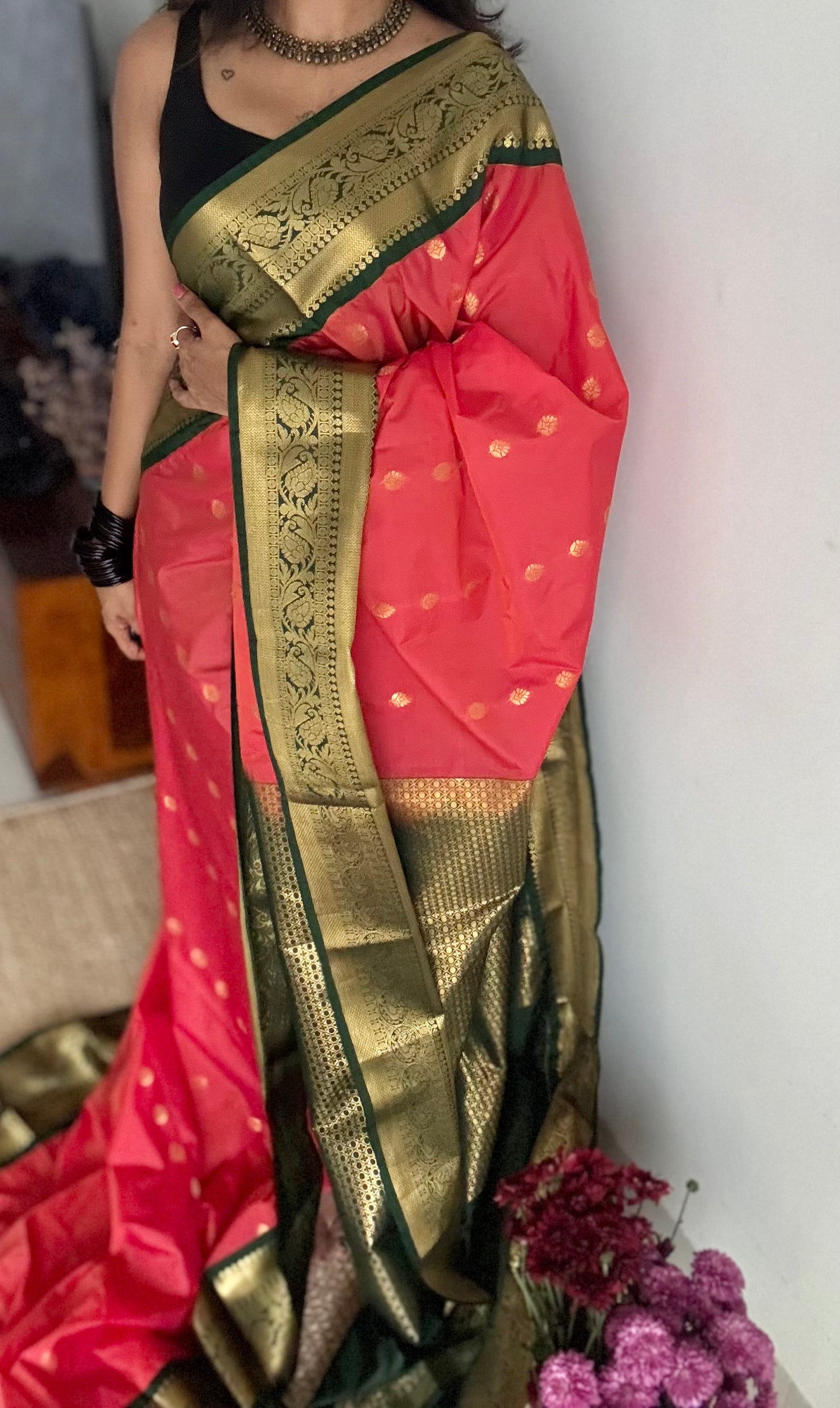 Kavini - peach with dark green, handloom korvai semi silk - YCCOTNFEJUKS01