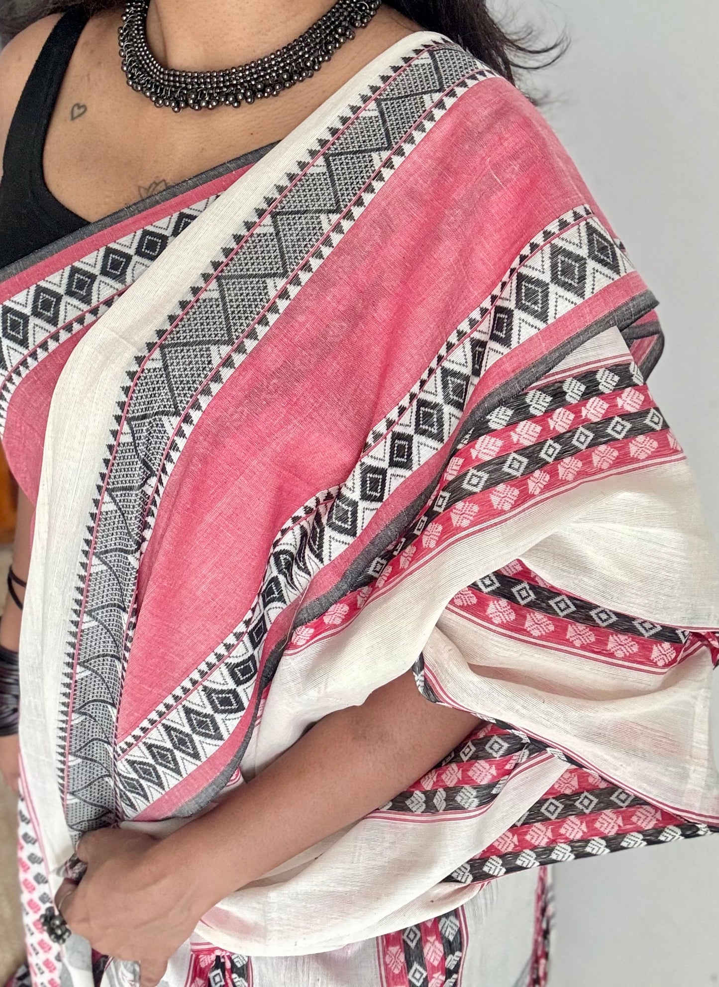Pure Dhaniakhali tant in white, red and black patterened border - YCBCDP23