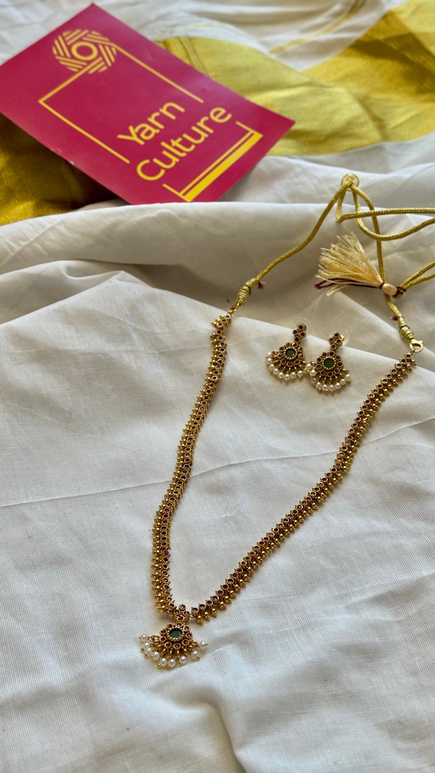 Long traditional kemp neckpiece with ruby & green stones, with earrings - YCGPNP678