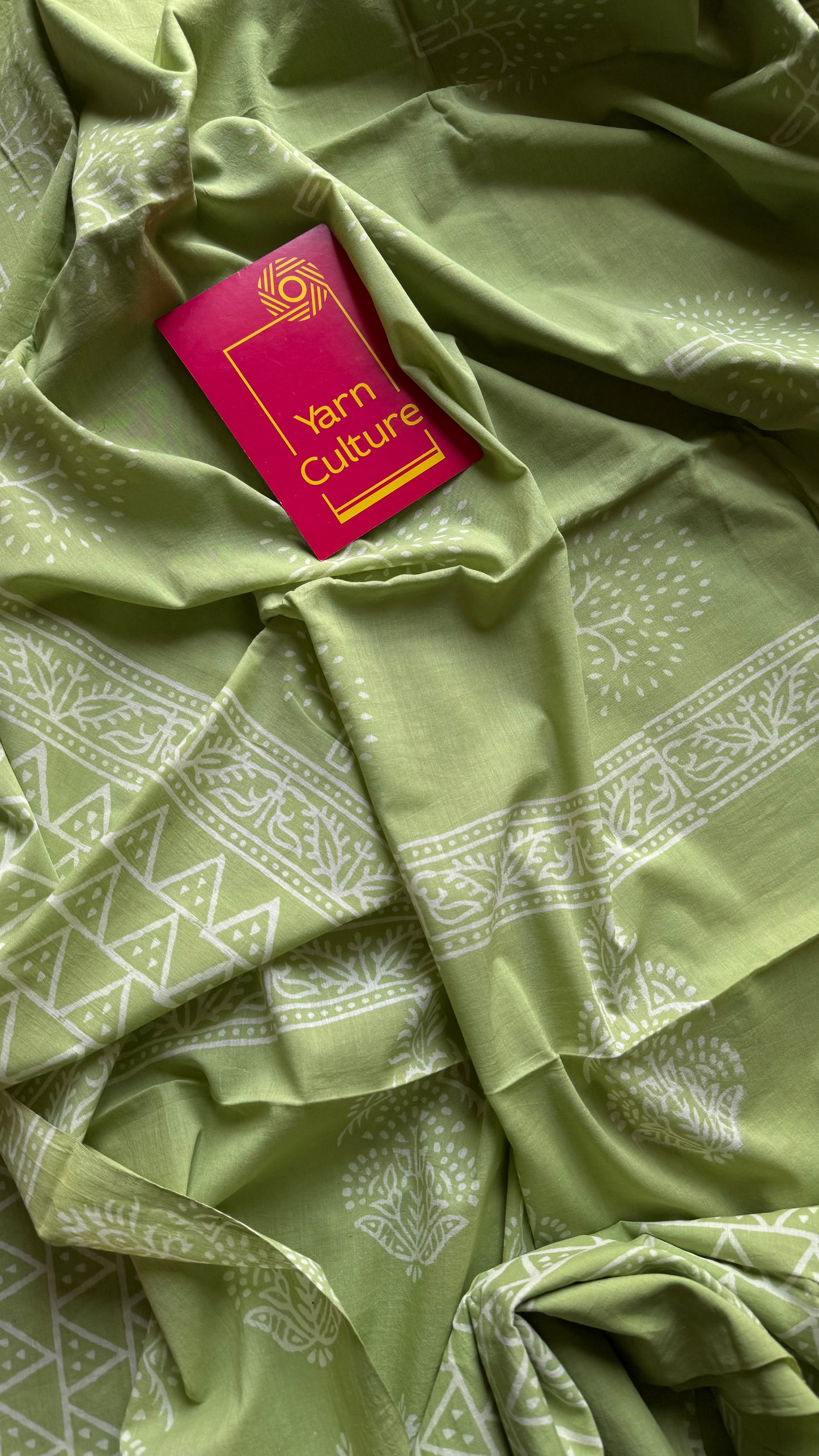Pista green with off white tree motifs, block printed soft cotton saree - YCTORCMA19