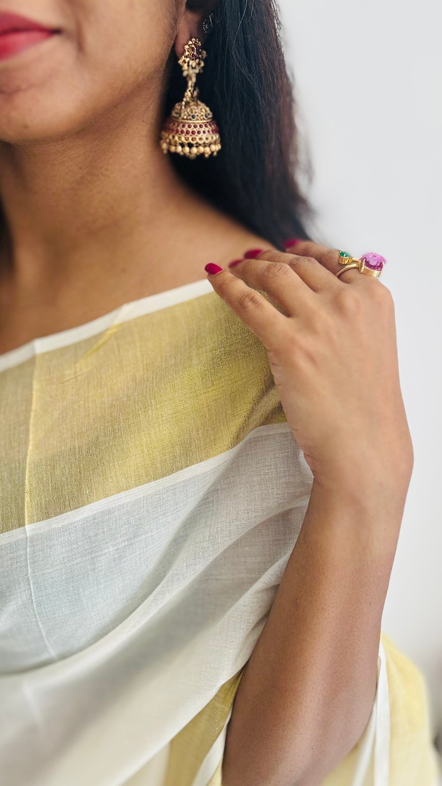 Dark pink and green stoned jhumka with gold bead drops, antique gold - YCAGJK96
