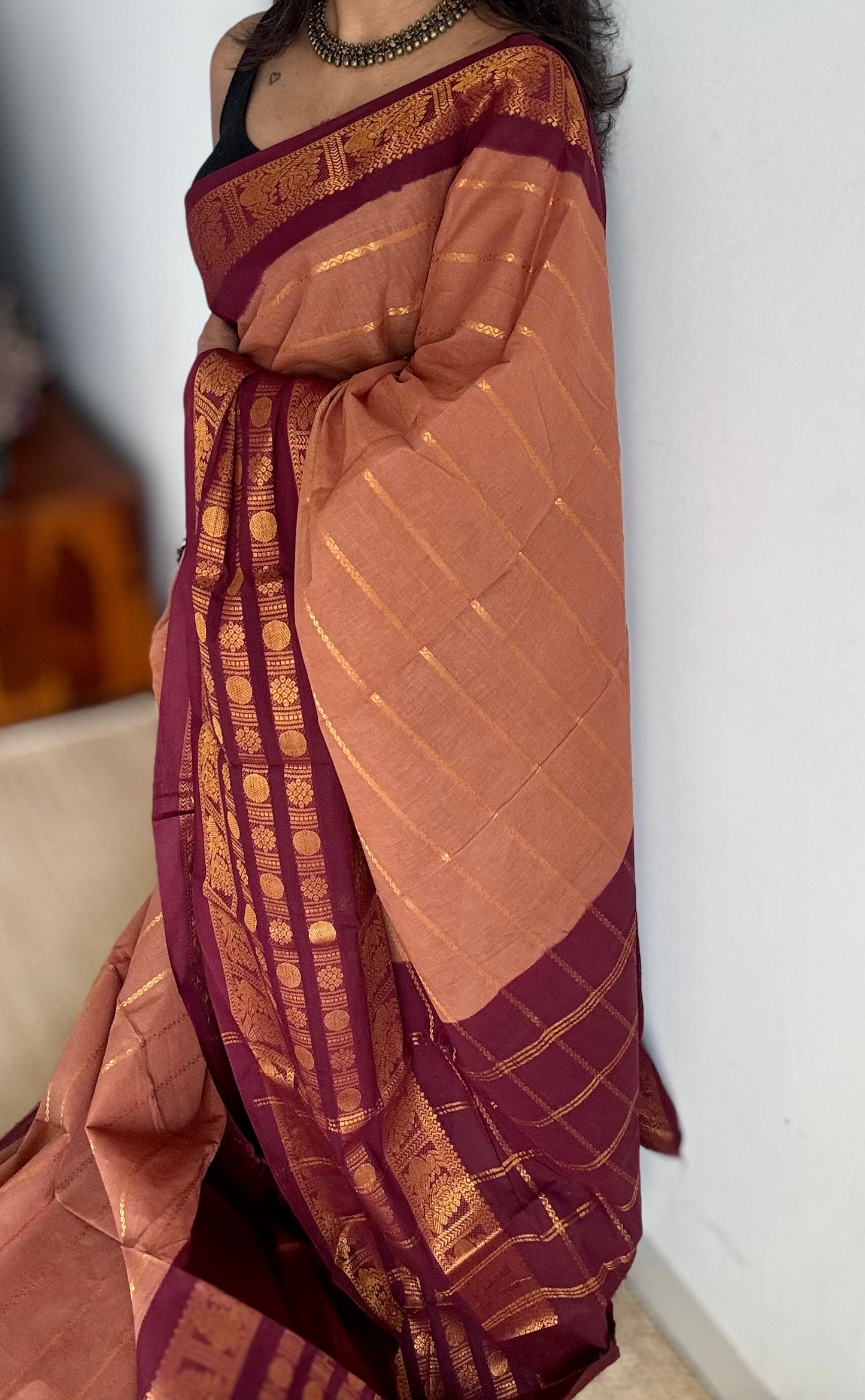 Light brown with maroon, peacock rudraksham motif, single side broad zari - madurai kattuchayam dyed - YCCOTNAUS33