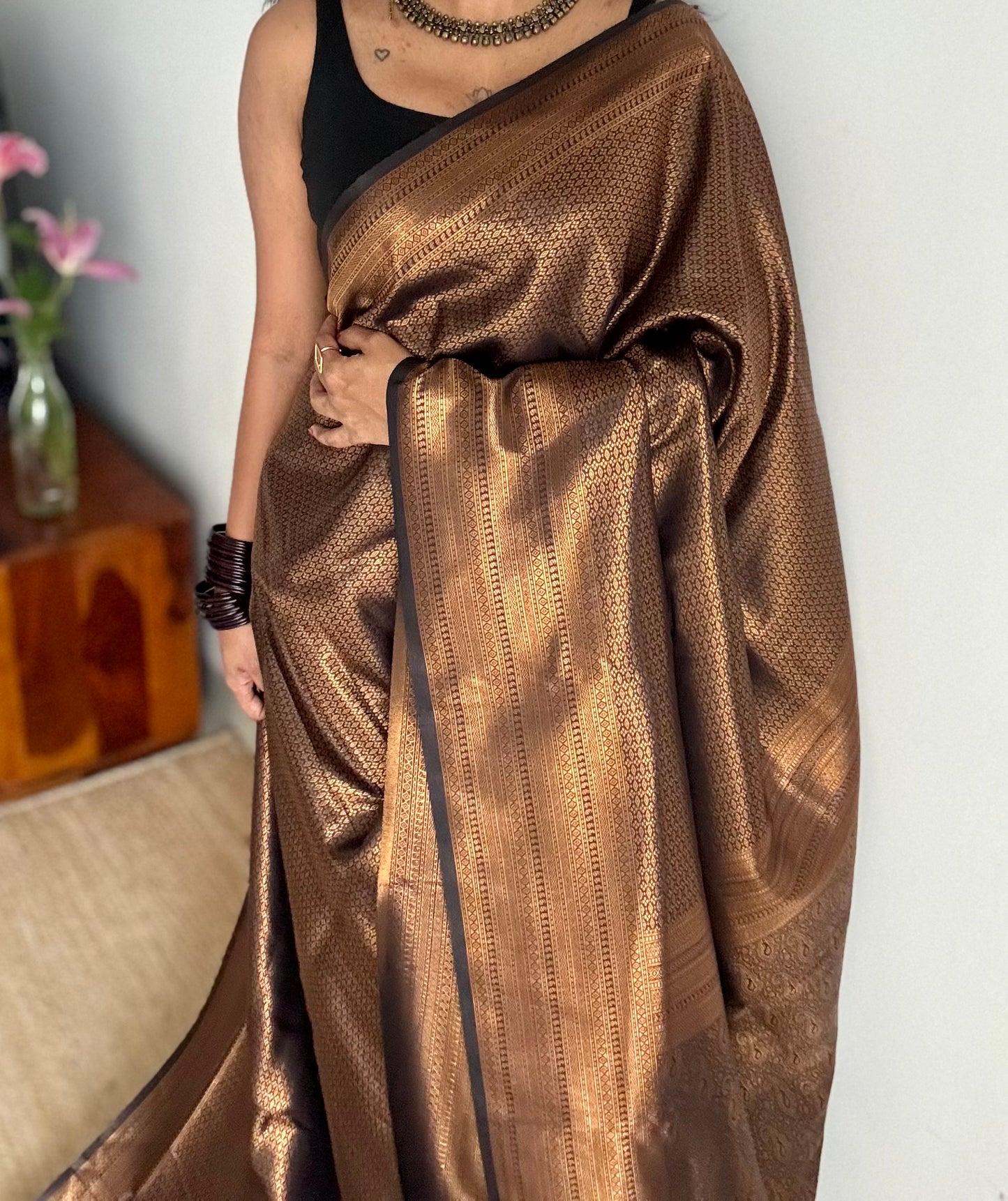 Black, antique gold zari, semi-silk - YCDOSOCSS08