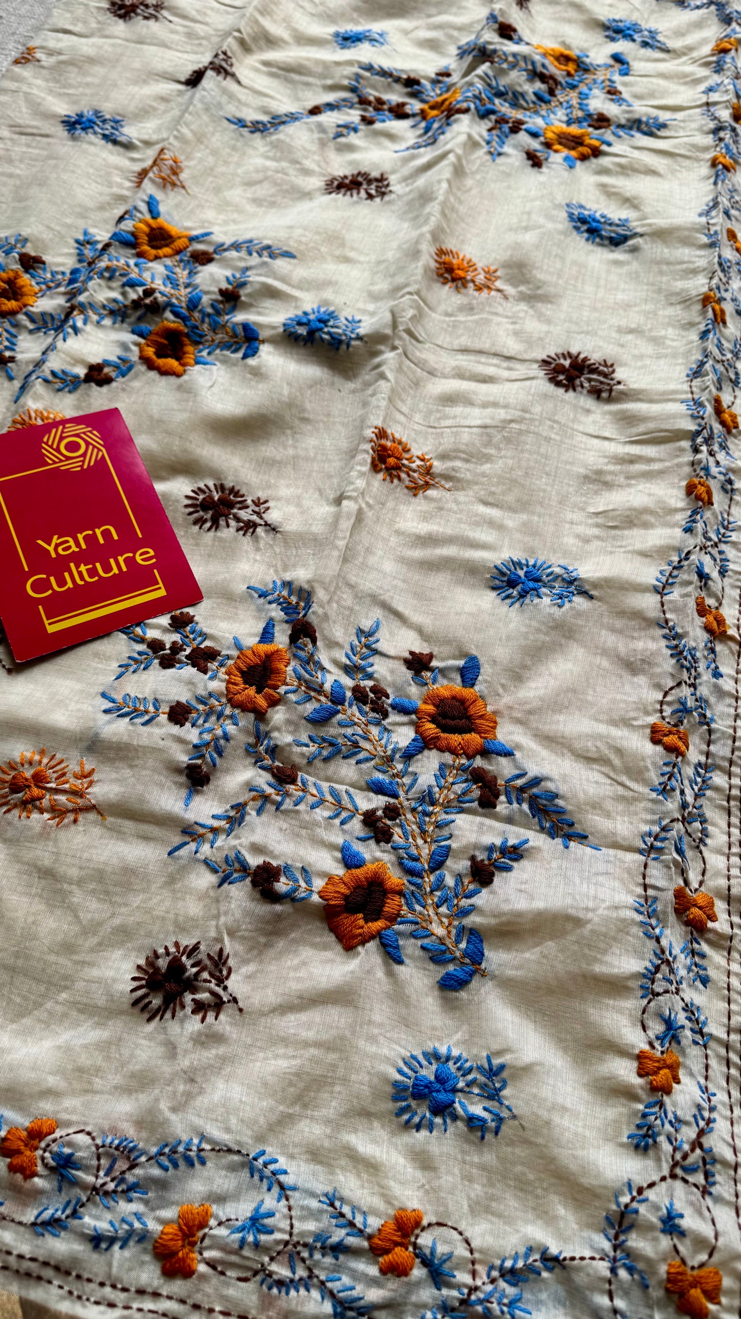 Ivory maheshwari cotton silk blend with yellow and blue floral kantha threadwork - YCBLAUMK11