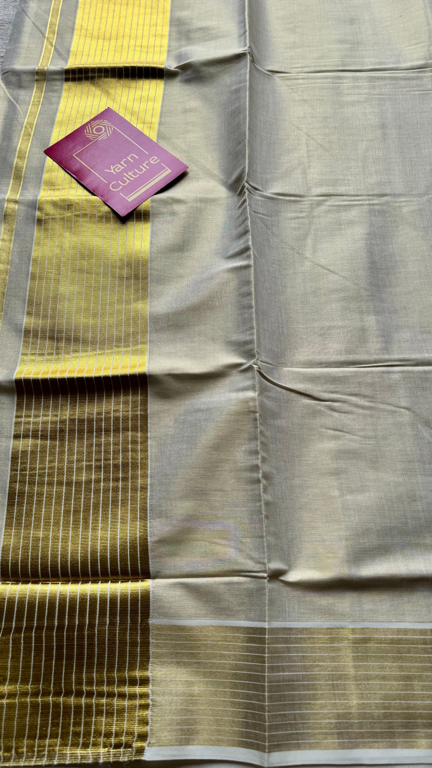 Ivory and gold tissue with striped border, kerala soft cotton - YCON25MC271