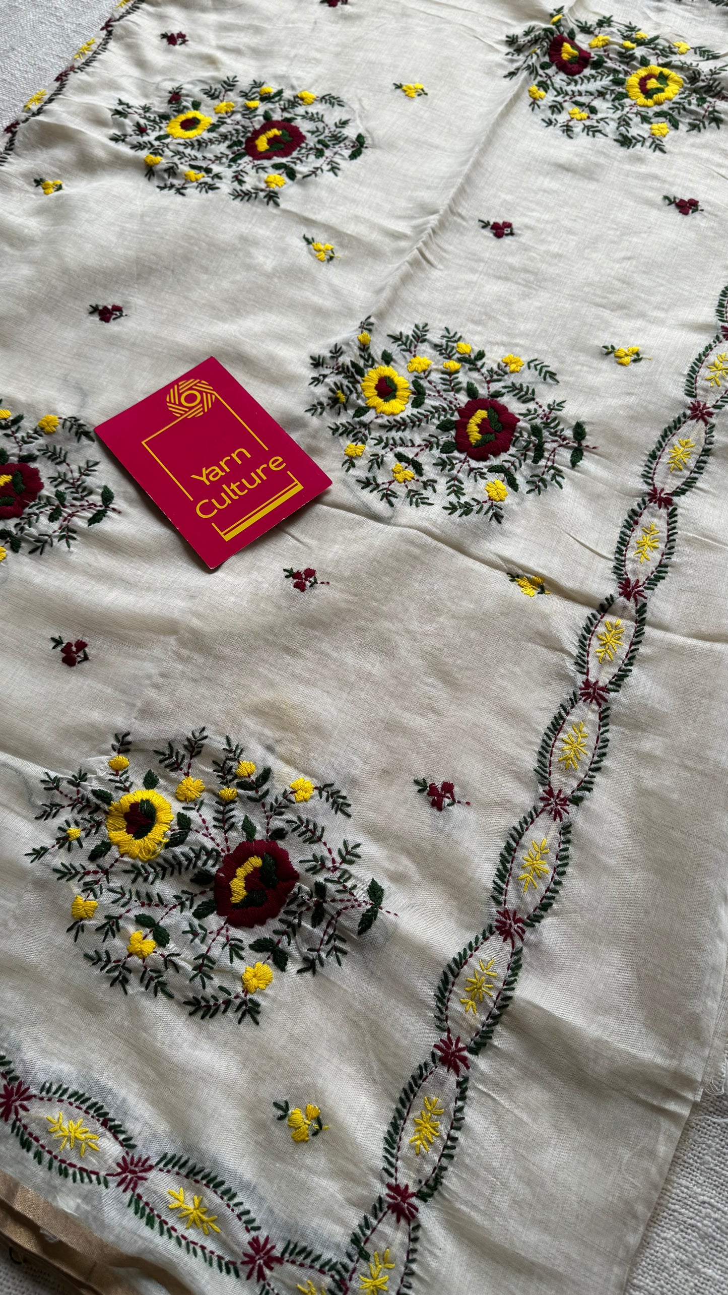 Ivory maheshwari cotton silk blend with yellow and maroon floral kantha threadwork - YCBLJULMK07