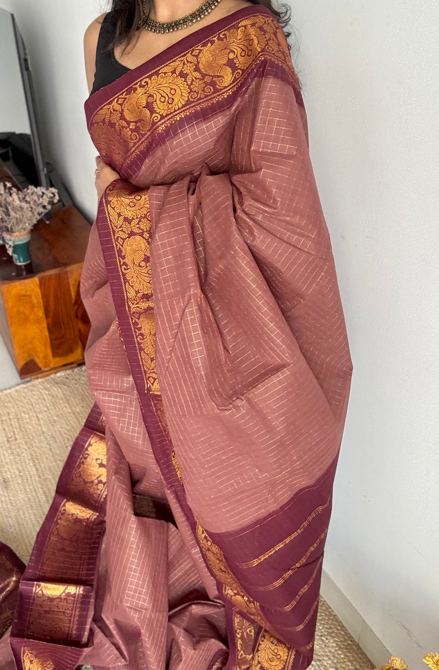 Light brown with maroon sungudi, madurai cotton - YCCOTNOCSC19