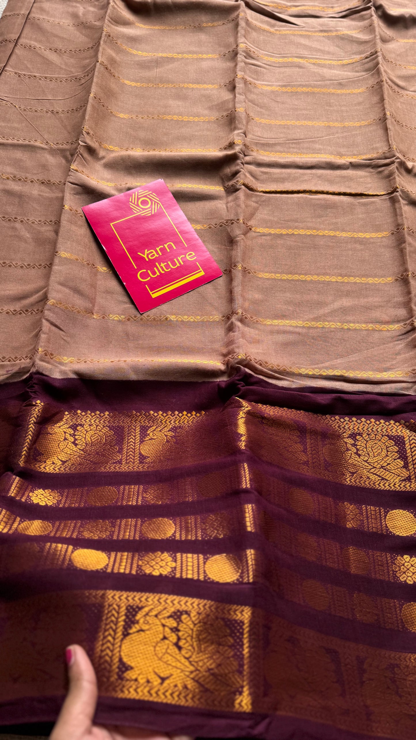 Light brown with maroon, peacock rudraksham motif, single side broad zari - madurai kattuchayam dyed - YCCOTNAURS17