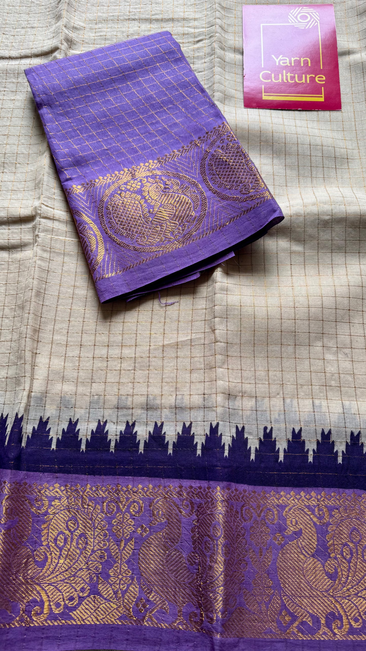 Pink - violet sungudi cotton checks, sandal colour base, soft cotton - YCCOTNJSUN03