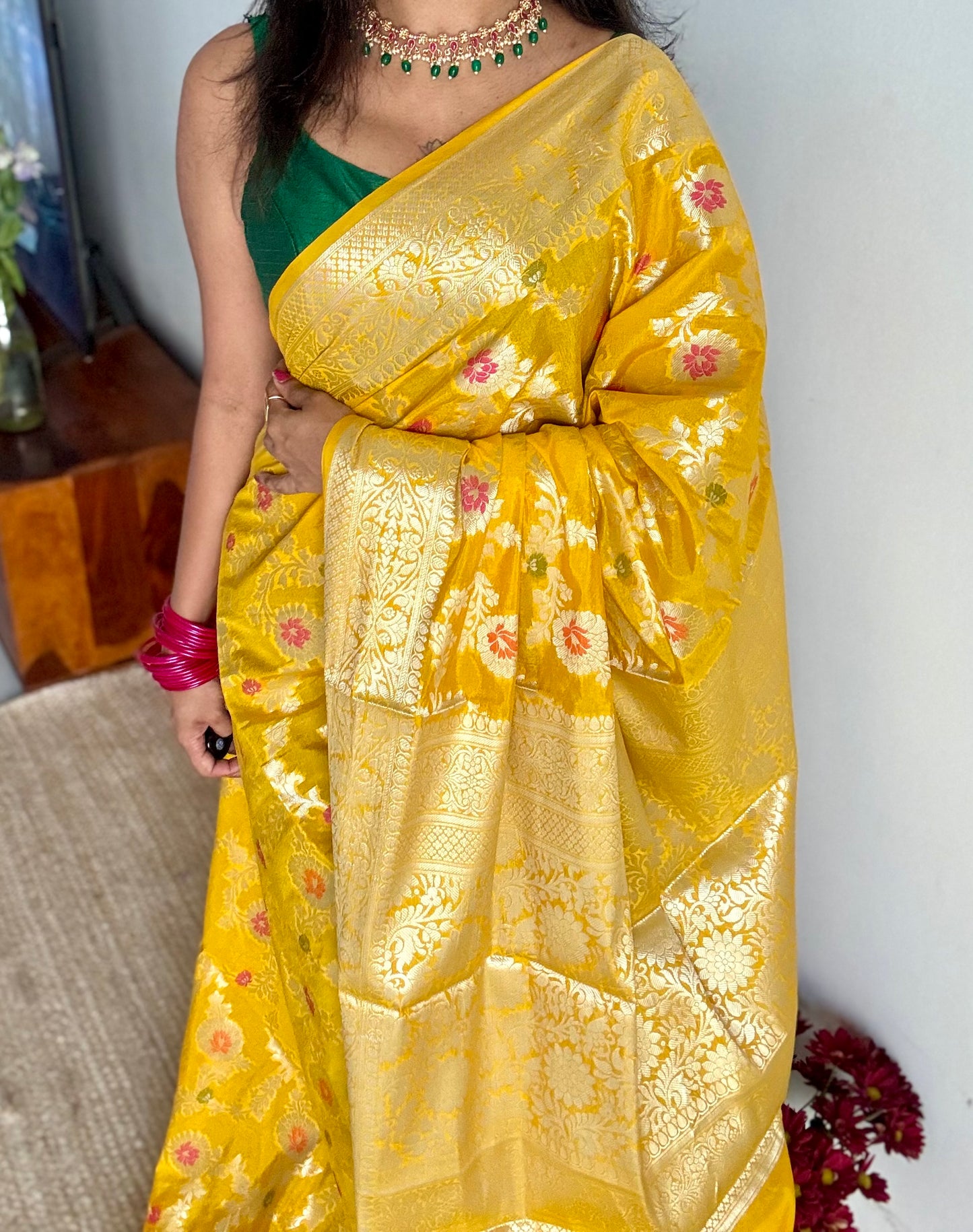 Yellow meenakari floral pattern in silver zari, Banarasi katan dupion silk - YCDESE11