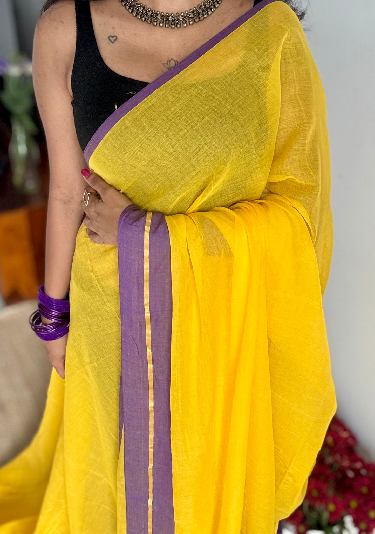 Yellow with purple border mul, thin antique gold zari gap border - YCBCMCLSE45