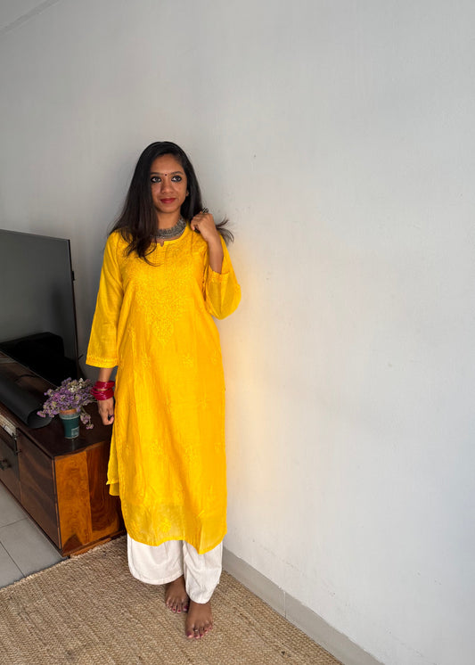 Yellow muslin chanderi chikankari with bakhiya work, stitched kurta, round neck, three fourth sleeves - YCSECKJA160
