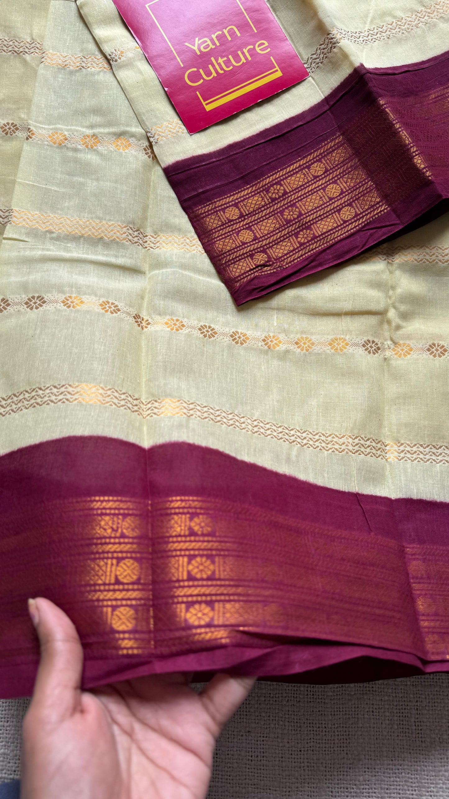 Custard yellow with maroon, motif striped sungudi, soft cotton - YCCOTNSSP02