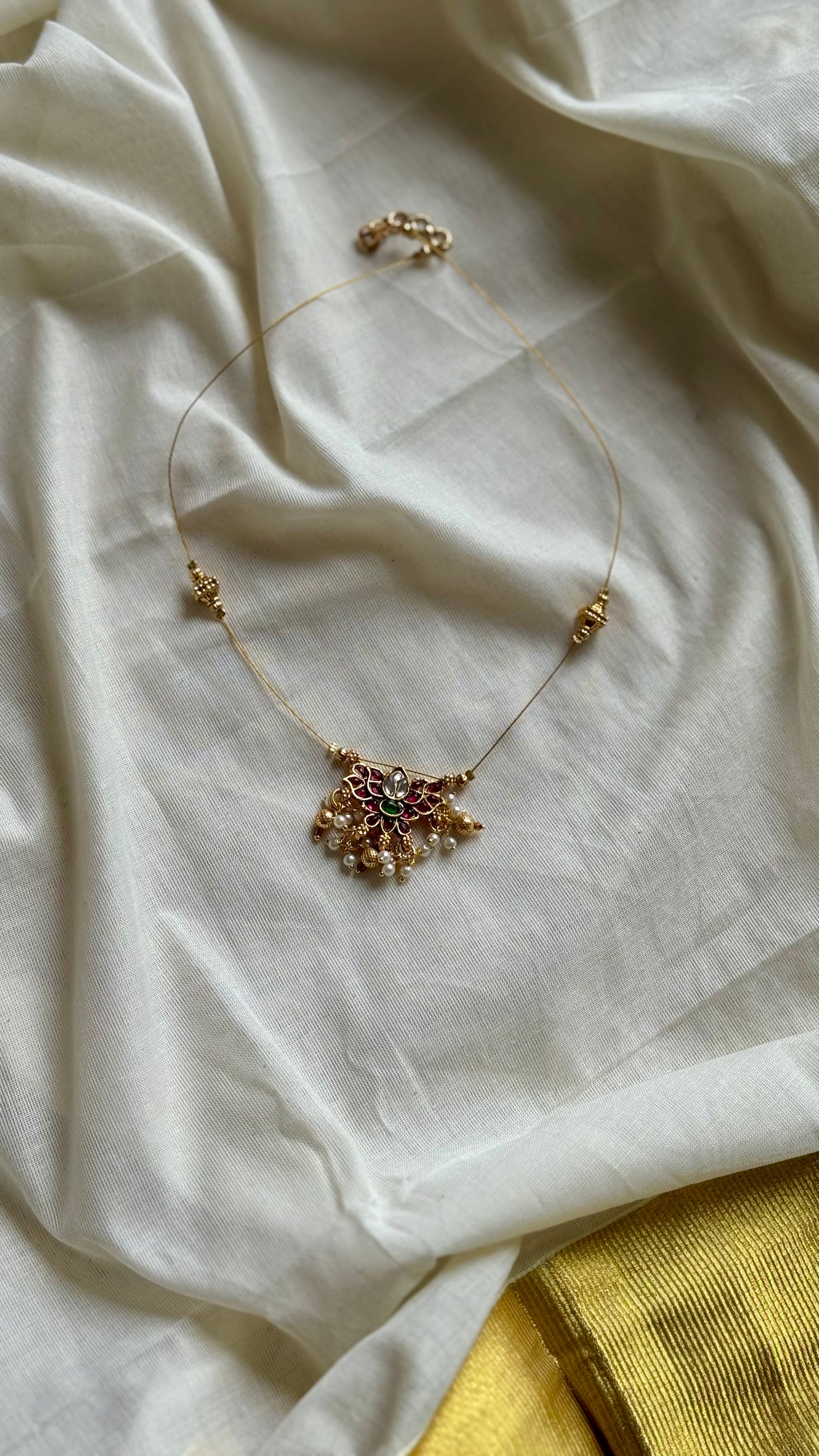 Jadau kundan lotus pendant with bead drops in invisible chain - YCAGC174