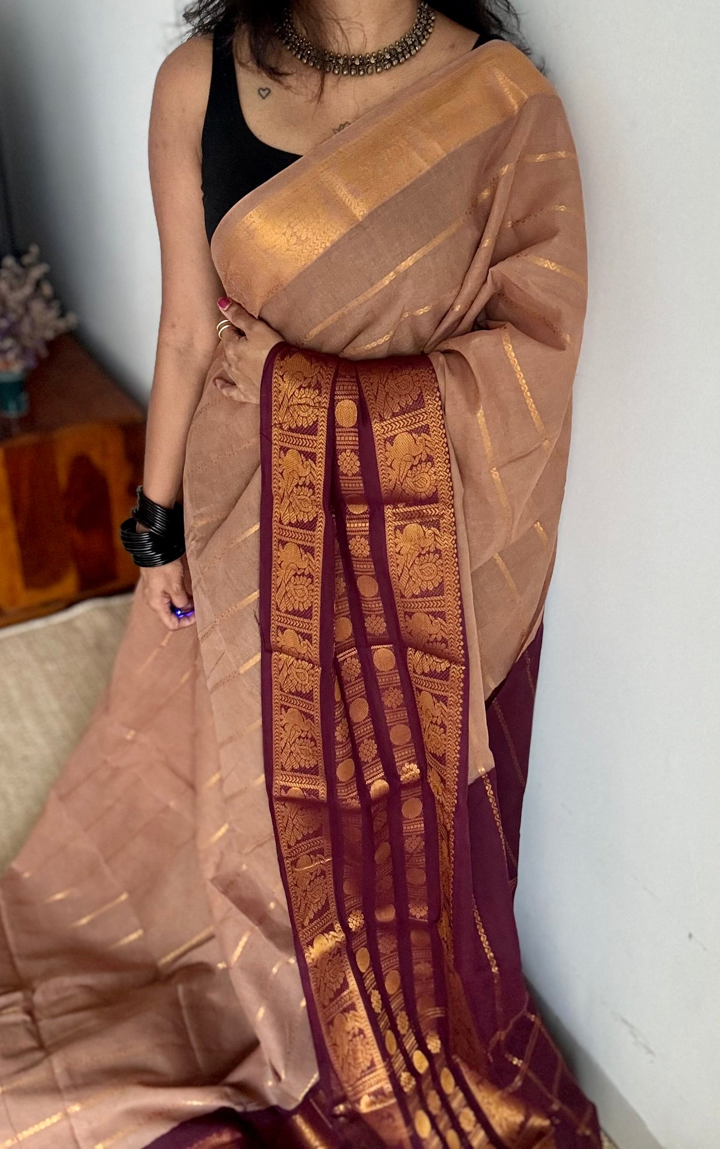 Light brown with maroon, peacock rudraksham motif, single side broad zari - madurai kattuchayam dyed - YCCOTNAURS17