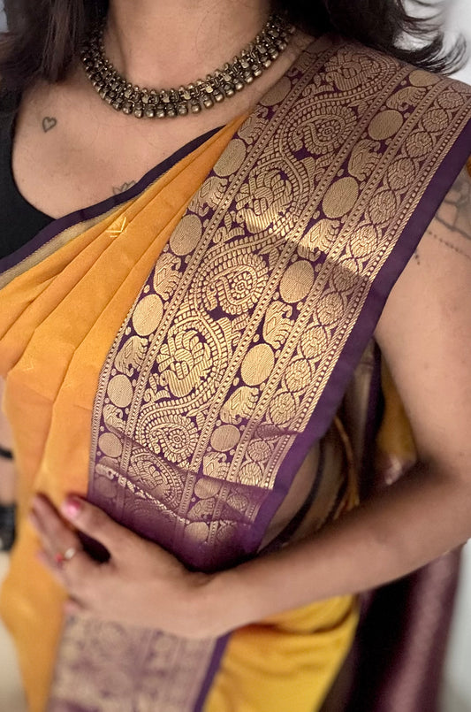Vaidhi - mustard with deep purple, handloom korvai semi silk - YCCOTNFEJUKS02