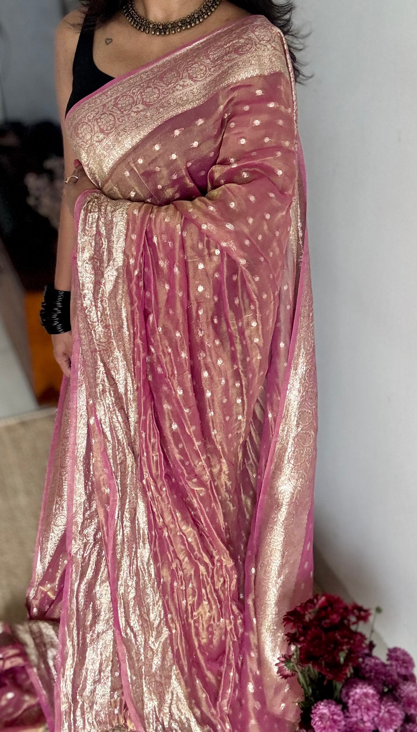 Magenta pink with gold double tone, soft crushed tissue, thread zari - YCDOSFEJUTB01