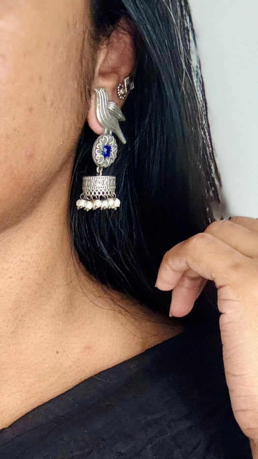 Bird Jhumka, blue stone, black polished oxidised silver - YCOSEJ451