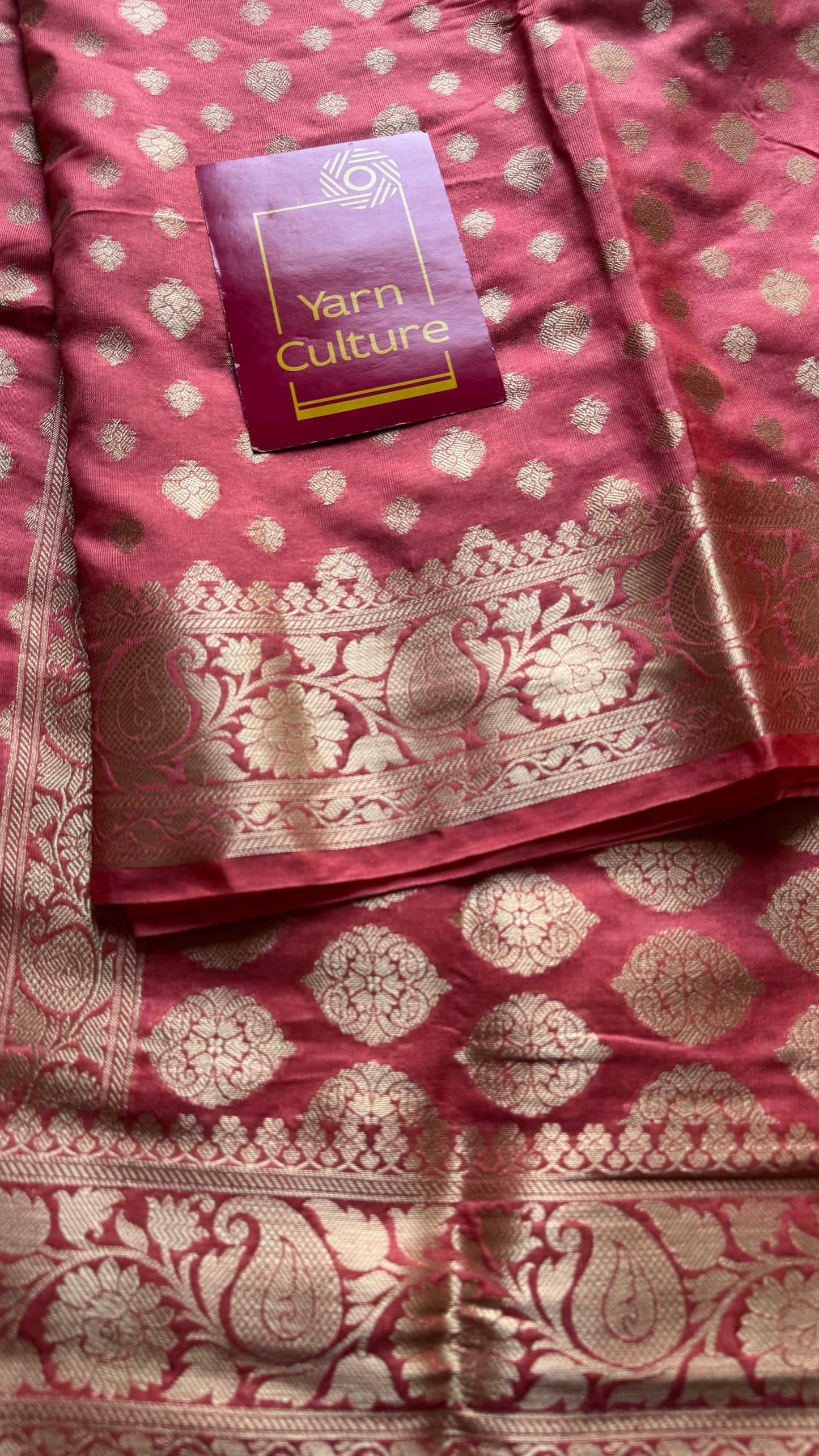 Peach pink, muted gold buttas and zari, Banarasi semi-silk - YCDESE41