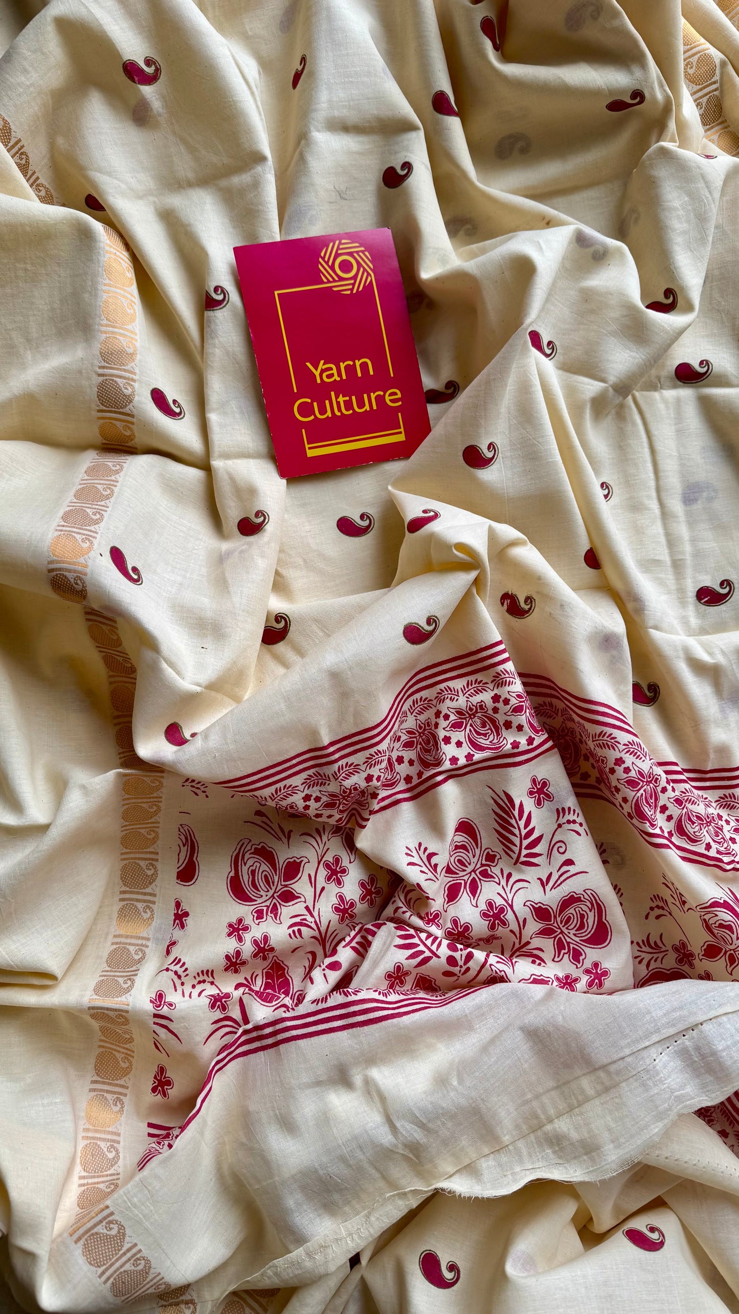 Ivory and Gold with paisley motif block printed buttas, zari border, soft Madurai cotton - YCON25MC268