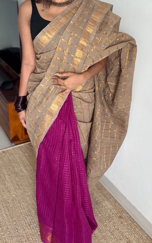 Warm grey with magenta, sungudi cotton half-half saree - YCCOTNMSFE344