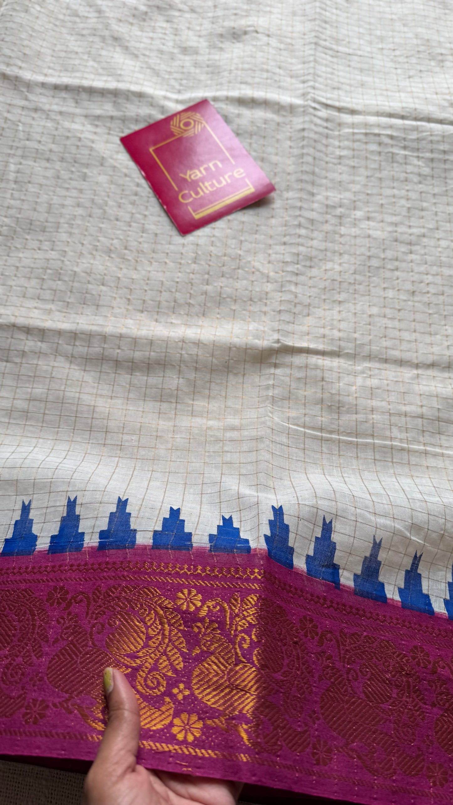 Sungudi cotton checks, ivory gold base, green and magenta dual tone border, soft cotton - YCCOTNSEMS60