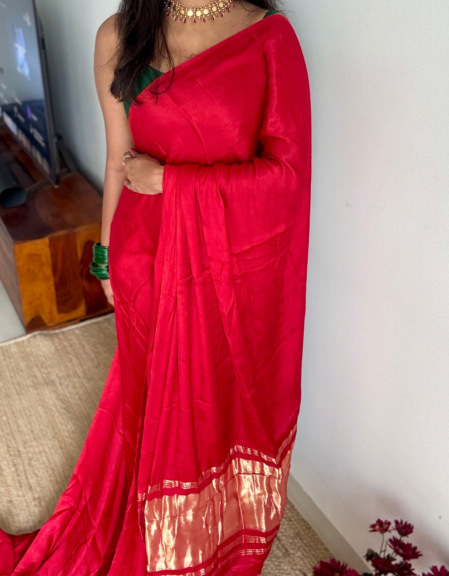 Red Modal Silk with Lagadi patta (gold pallu) - YCDESE24