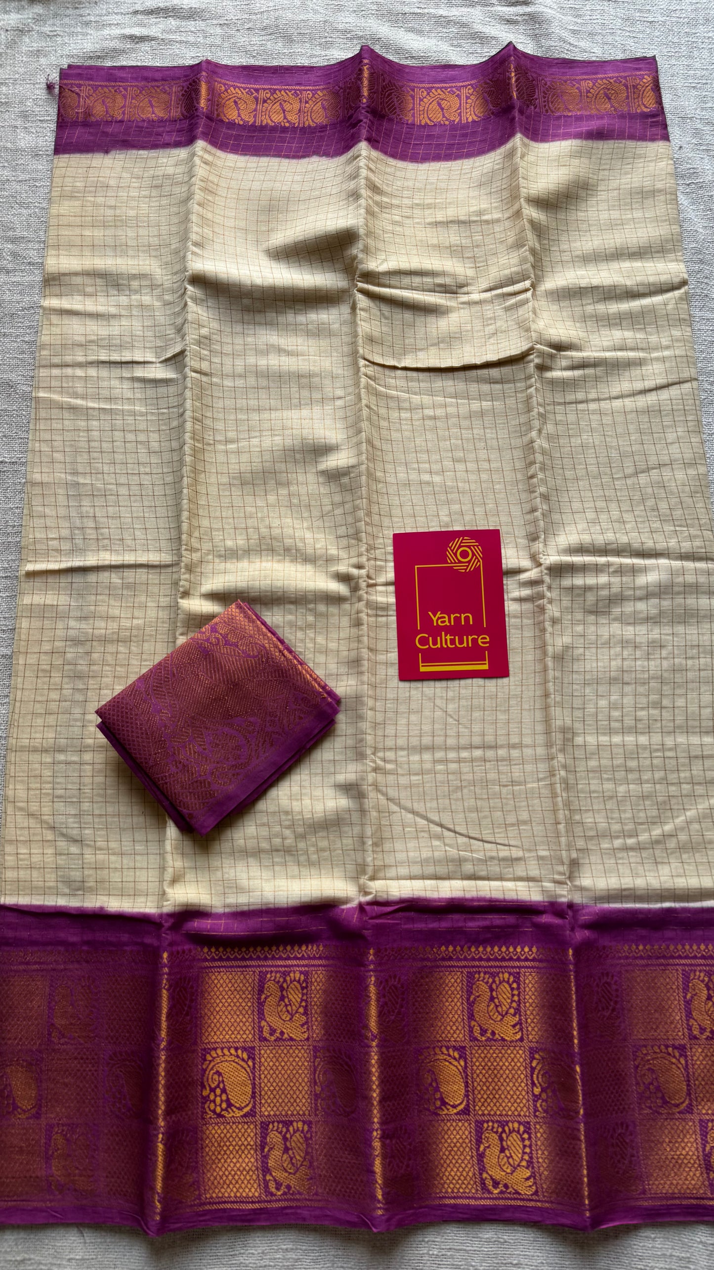 Ivory checks with dark magenta mayuri checkered zari border, madurai cotton - YCCOTNOCSC01