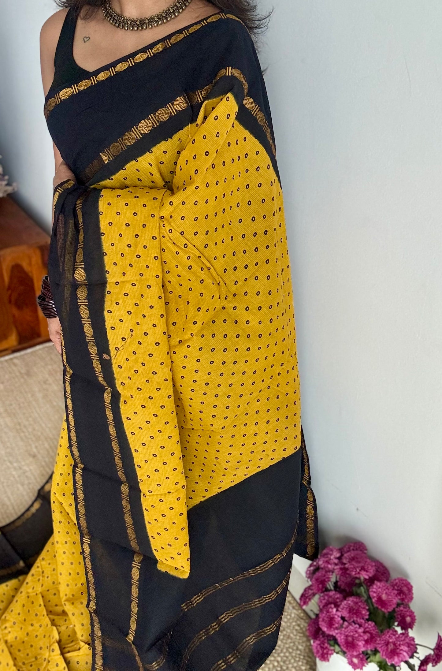 Yellow with black, sungudi motif and rudraksham border, madurai soft cotton - YCCOTNAUSC02