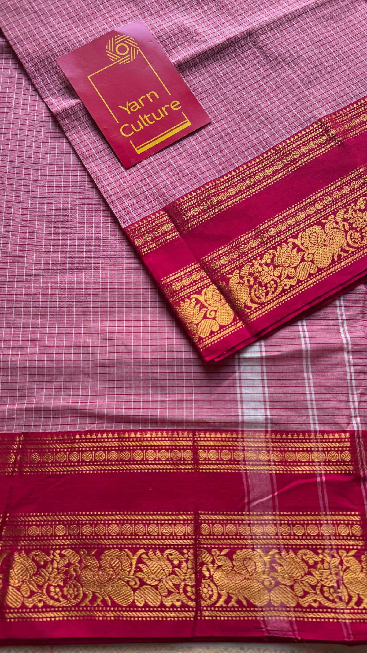 Pink checks with hot pink zari border kanchi cotton saree - YCCOTNCKSE21