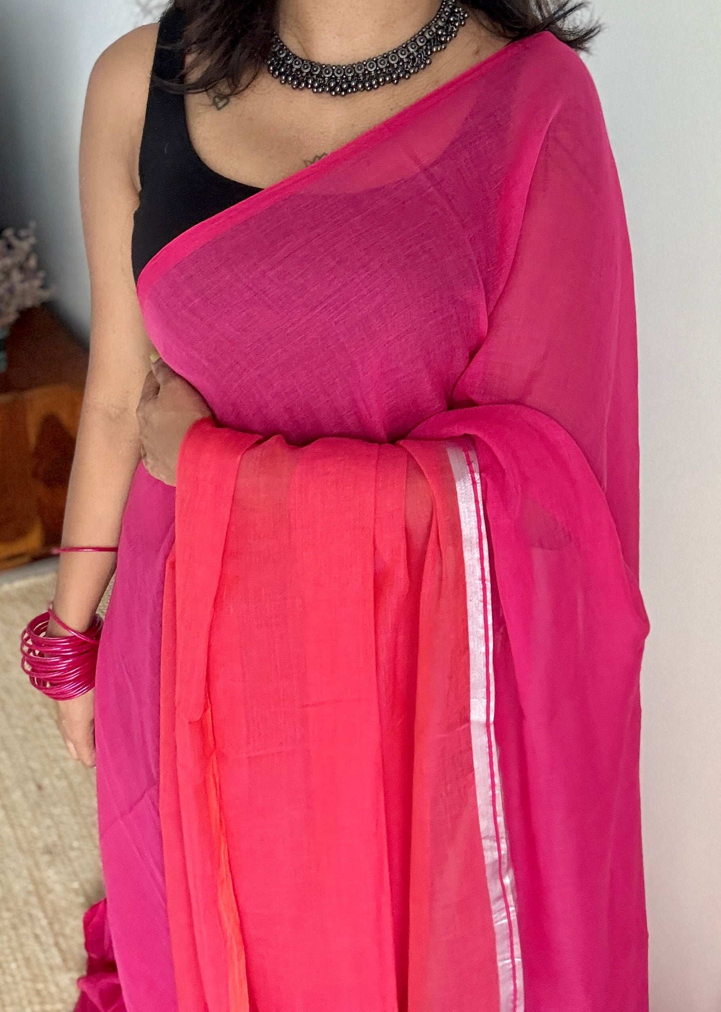 Hot pink with dual shade orangish pink, mul cotton YCBCMCM17
