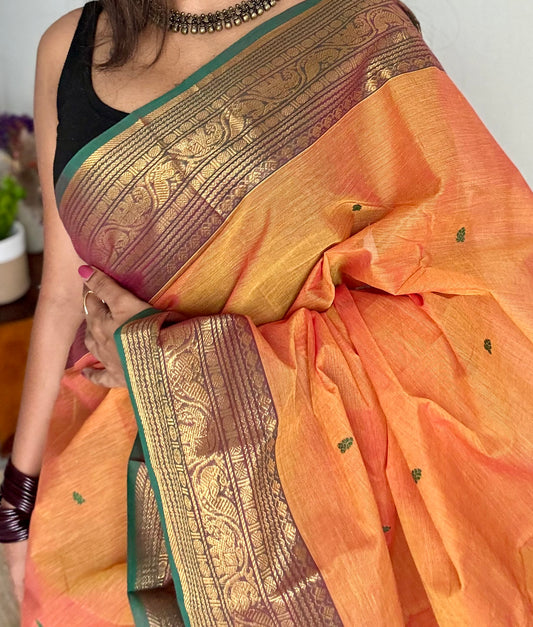 Kanchi cotton saree, light orange with green zari border - YCCOTNAP80