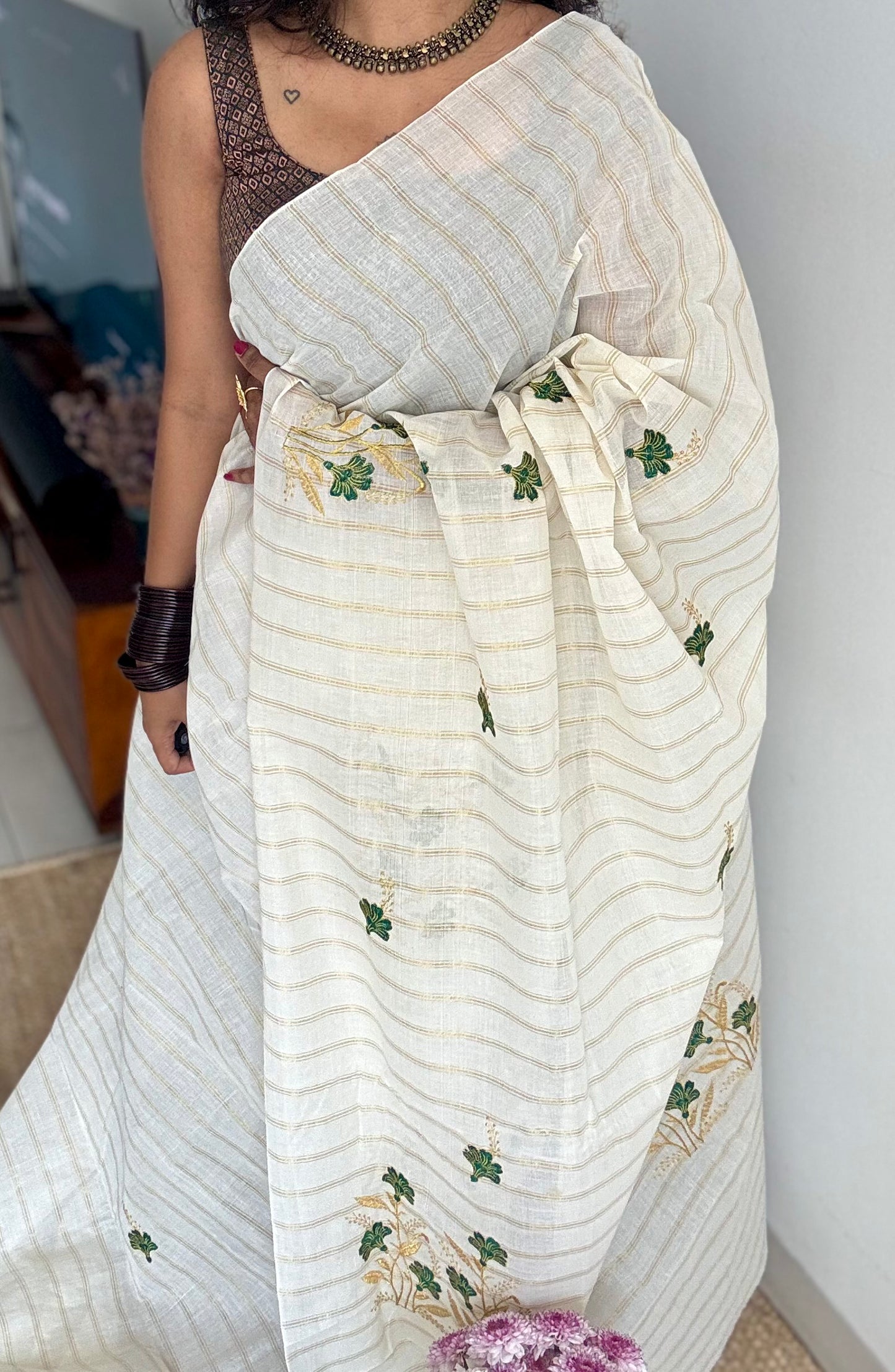 Ivory and gold with green flower embroidery, striped zari, kerala cotton - YCON25KCSFE260