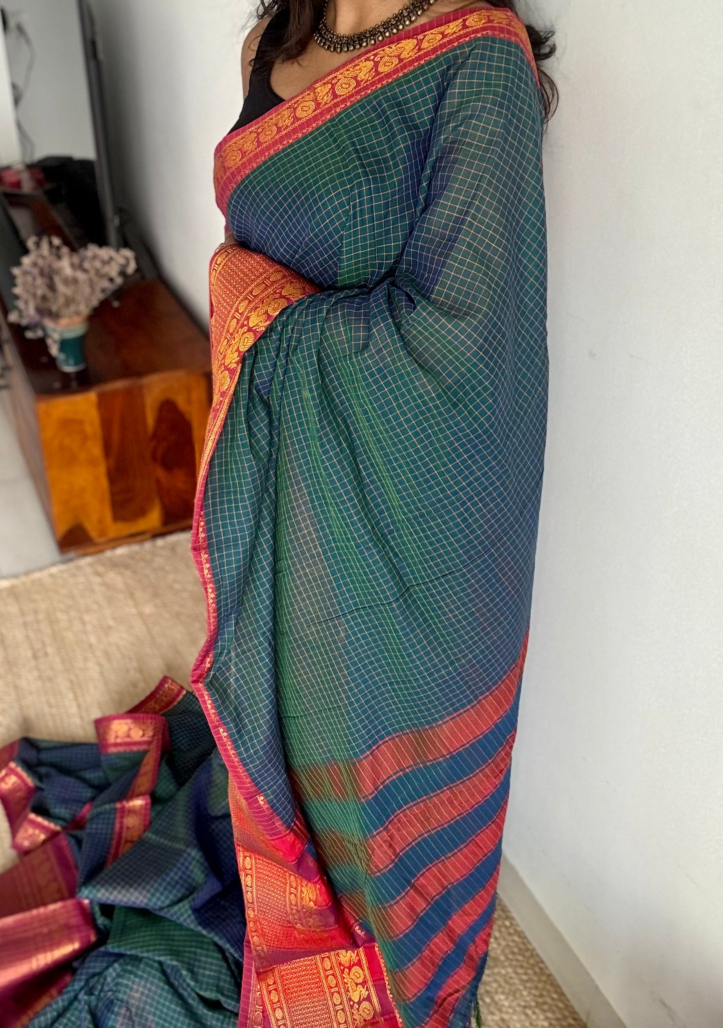 Teal checks with zari border, premium narayanpet, soft cotton - YCWOTDOCNP03