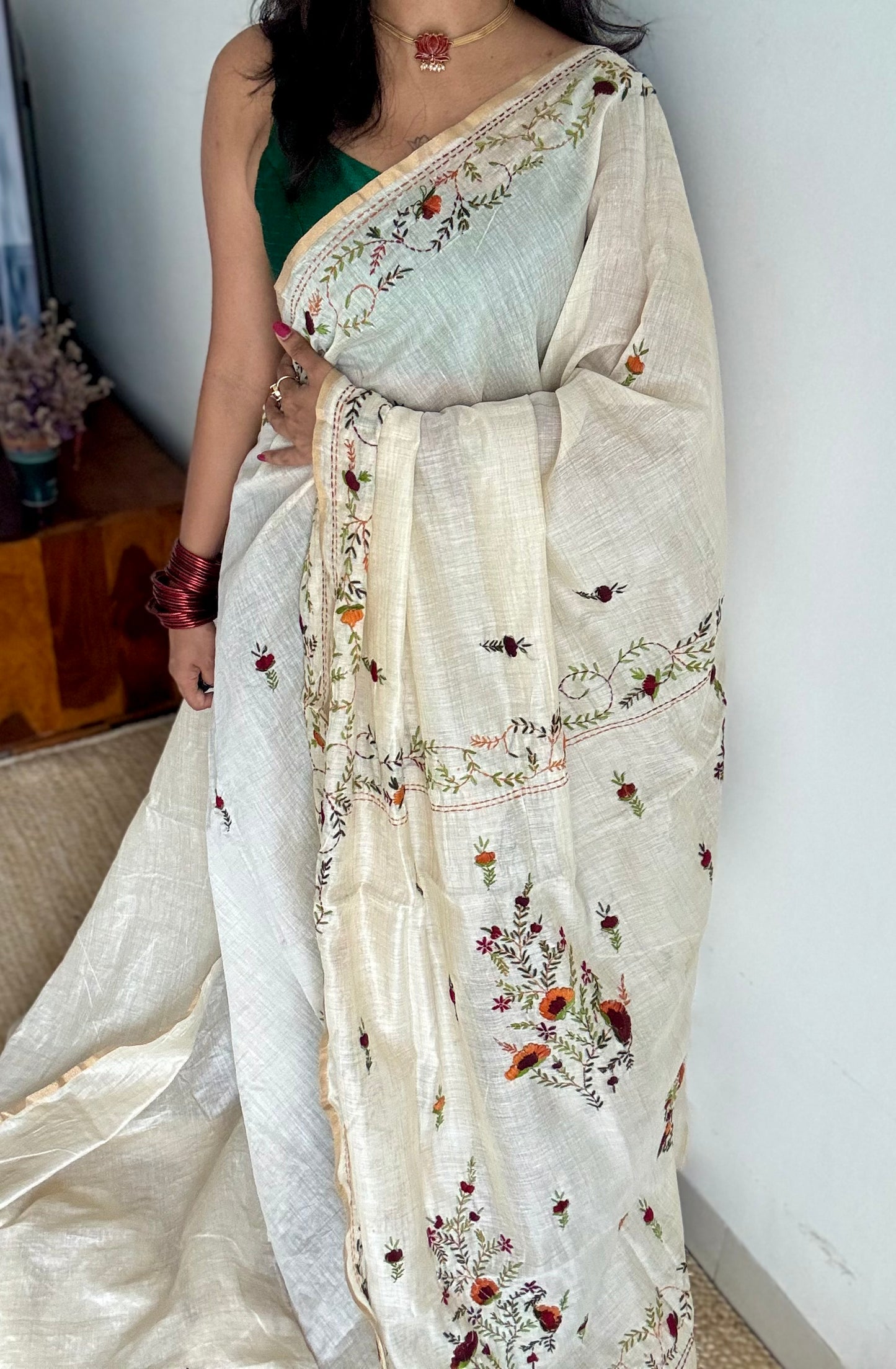 Ivory maheshwari cotton silk blend with deep maroon and orange floral kantha threadwork - YCBLJULMK04