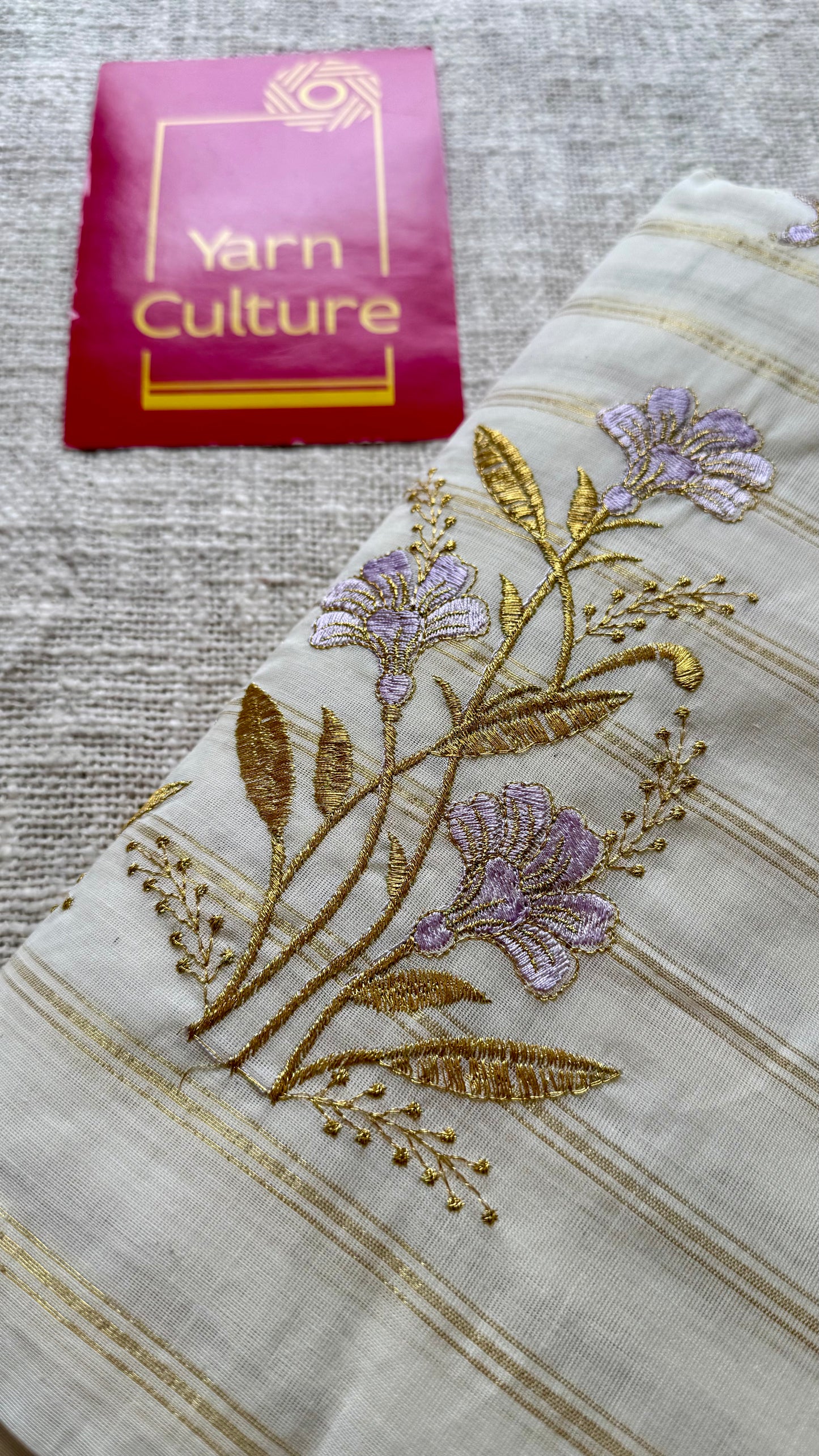 Ivory and gold with lavender flower embroidery, striped zari, kerala cotton - YCON25KCSFE261