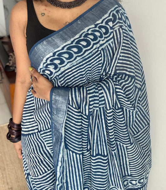 Indigo linen, silver zari border - YCTOROCBP56