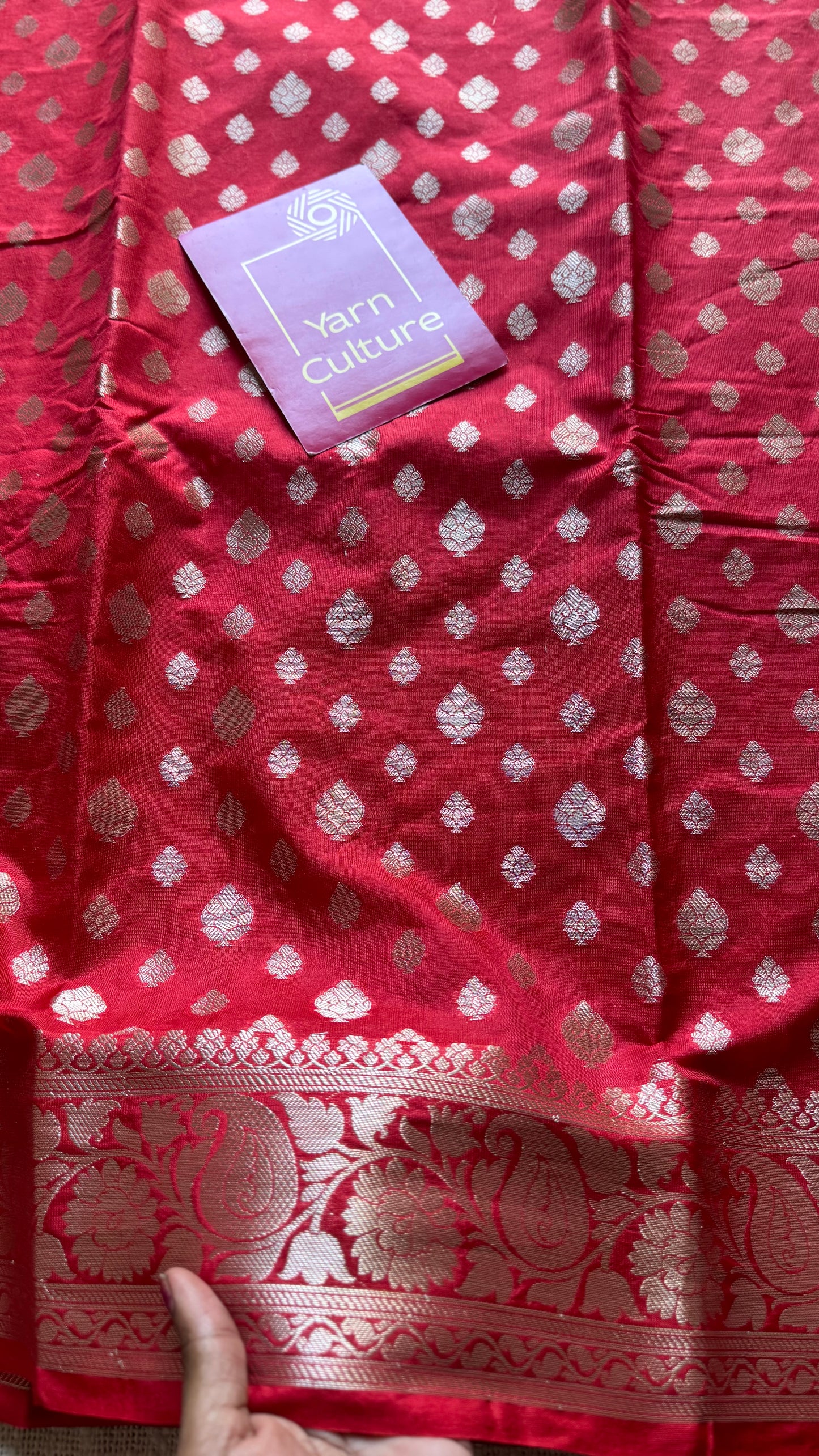 Chilli red, silver buttas and zari, Banarasi semi-silk - YCDESE37